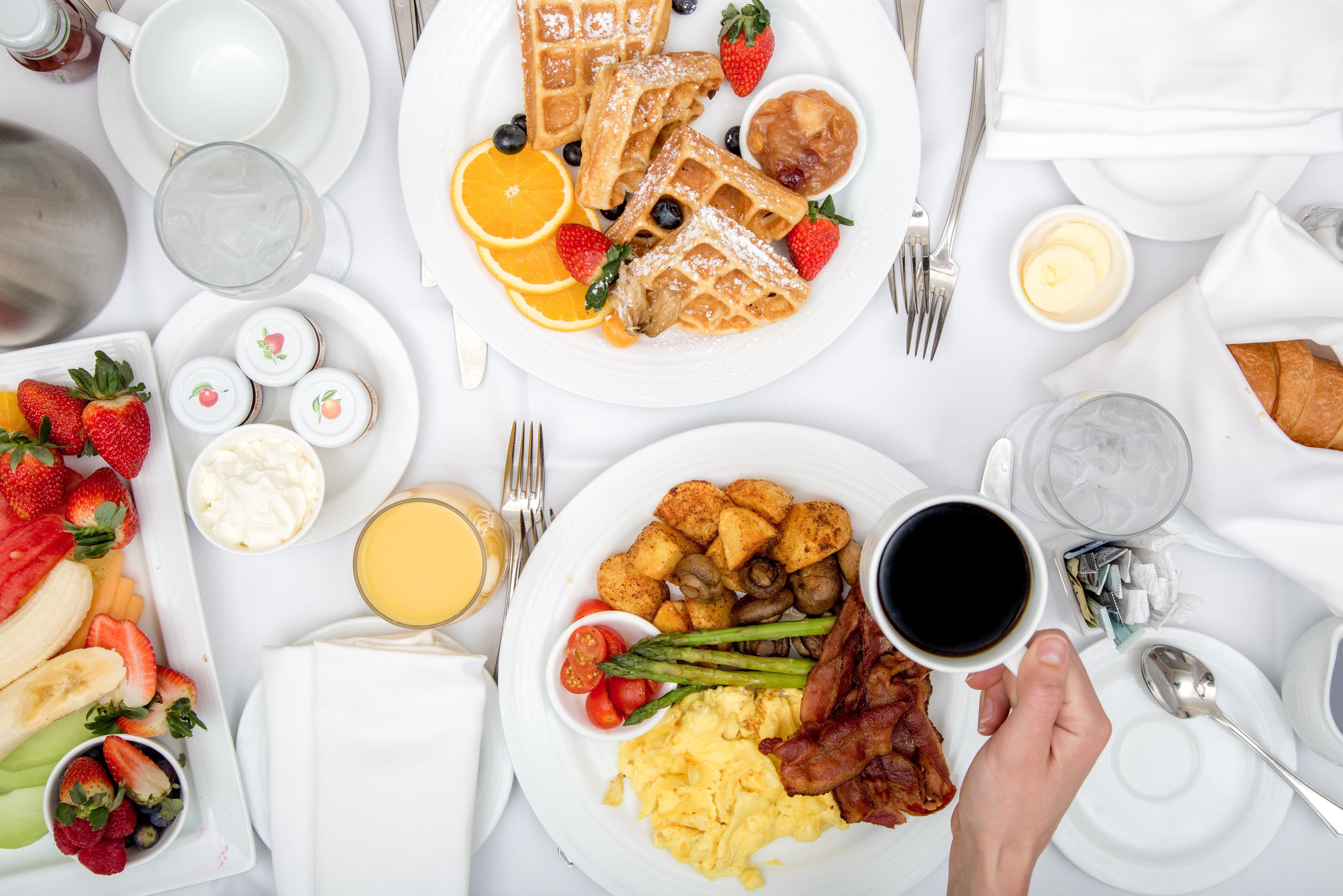 processed meat, healthy eating, setting, Food, ready-to-eat, food and drink, meat, hotel, directly above, drink, Breakfast, Restaurant, service, meal, high angle view, HD Wallpaper