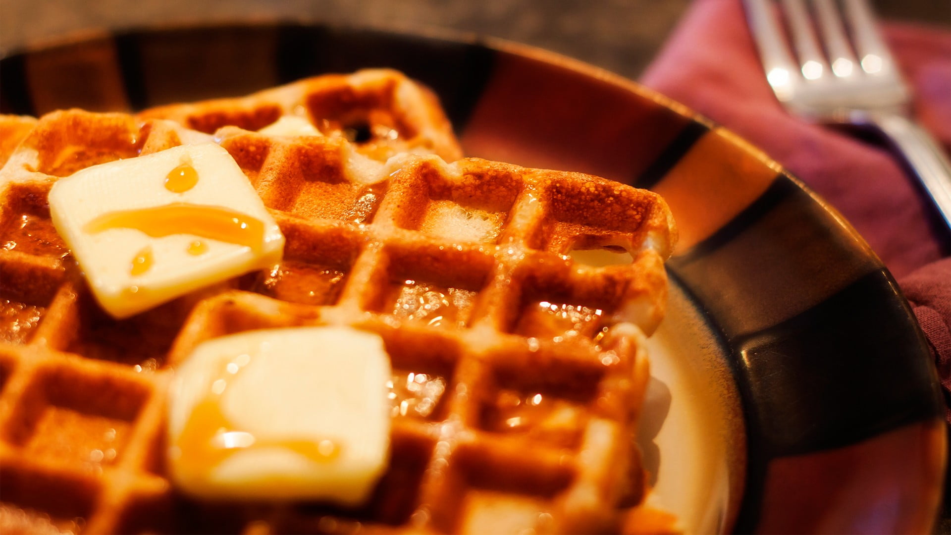 colored, ready-to-eat, snack, breakfast, waffle, rings, plate, fork, no people, two, kitchen utensil, freshness, food, sweet food, selective focus, temptation, HD Wallpaper