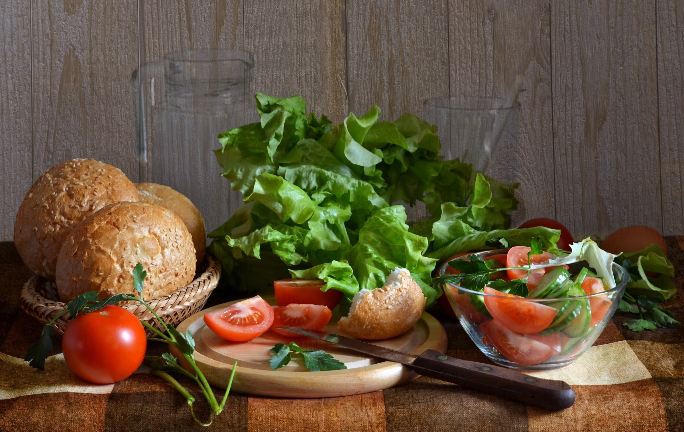 1080P, vegetables, knife, bread, tomatoes, salad, food, HD Wallpaper