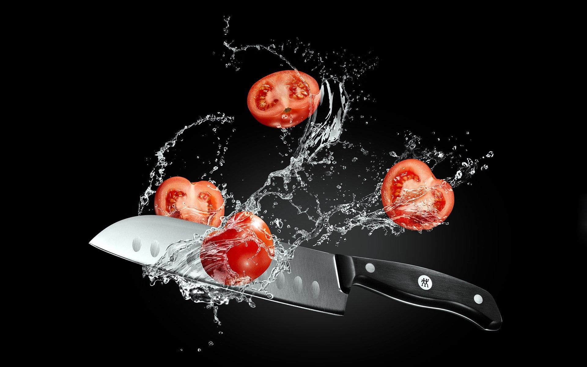 black background, no people, eating utensil, water, motion, splashing, still life, fruit, knife, close-up, food and drink, freshness, red, high-speed photography, HD Wallpaper