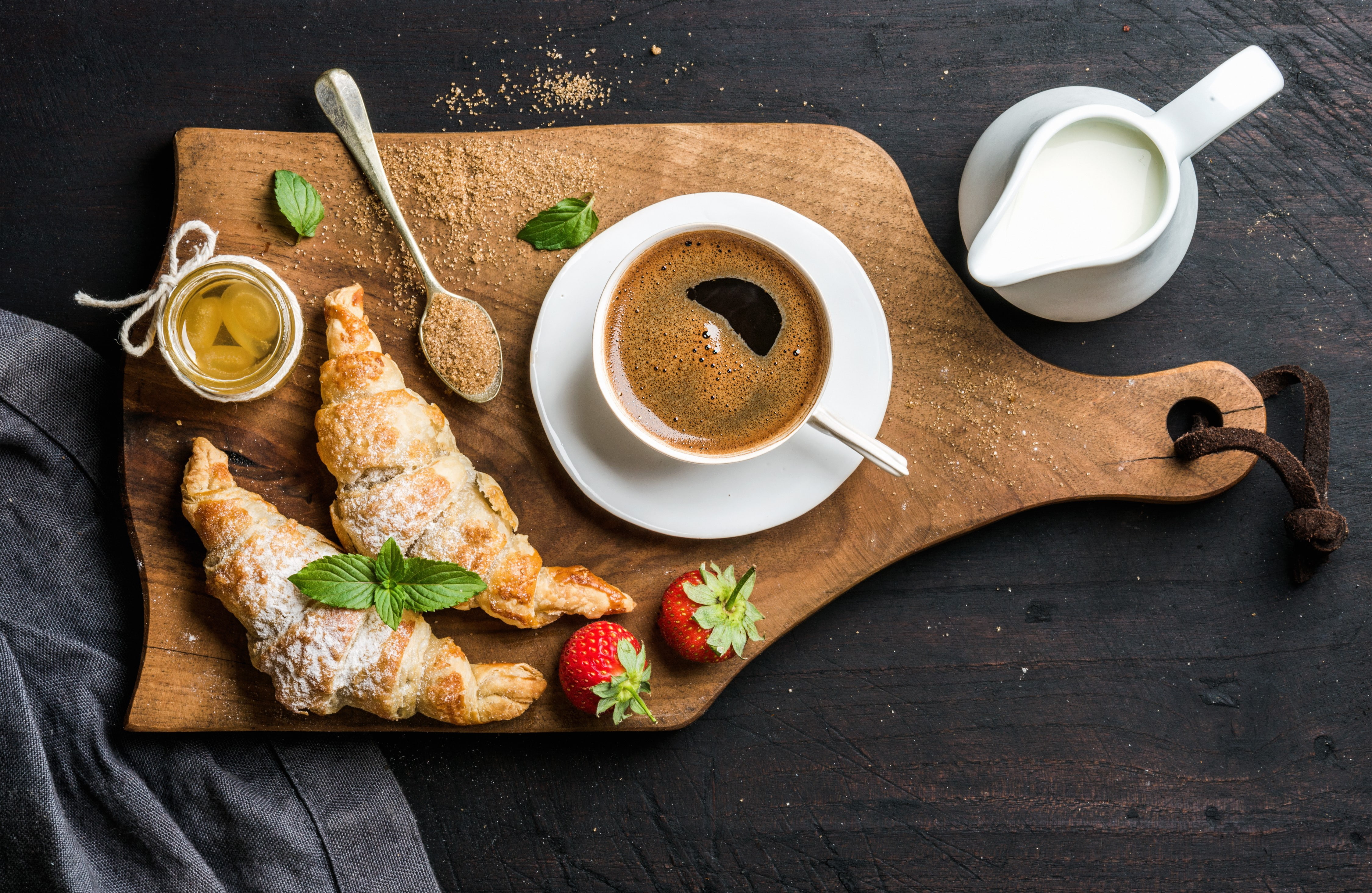 jam, cutting Board, Breakfast, strawberry, coffee, food, 4K, croissants, cream, HD Wallpaper