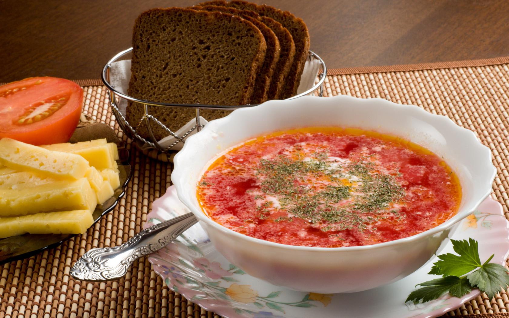 food, resolutions, 720P, ceramic, tomato, bread, soup, white, bowl, brown, widescreen, HD Wallpaper