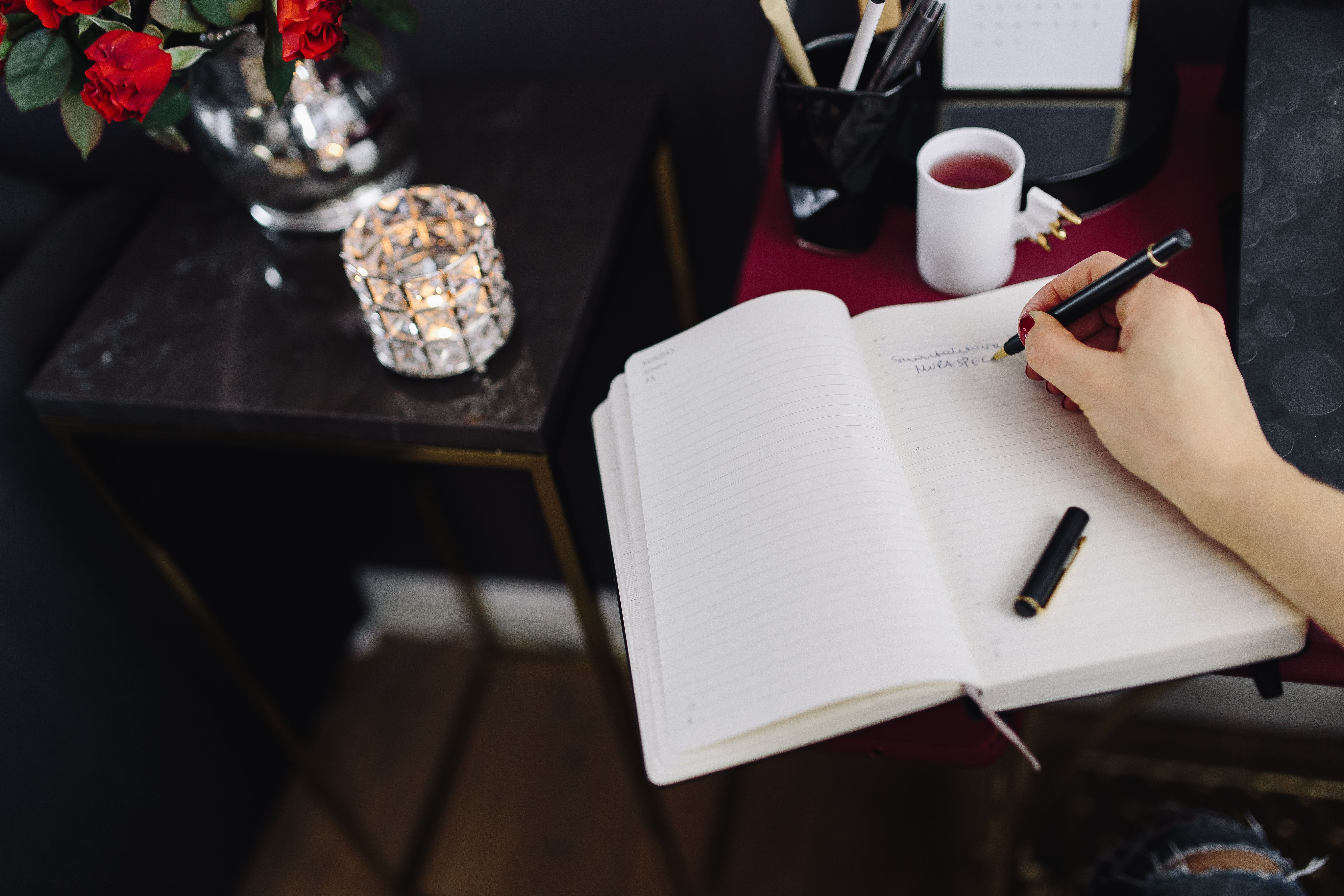 femine, coffee cup, day, business, real people, desk, stylish, occupation, close-up, note pad, home office, Pink, book, writing, human Hand, high angle view, HD Wallpaper