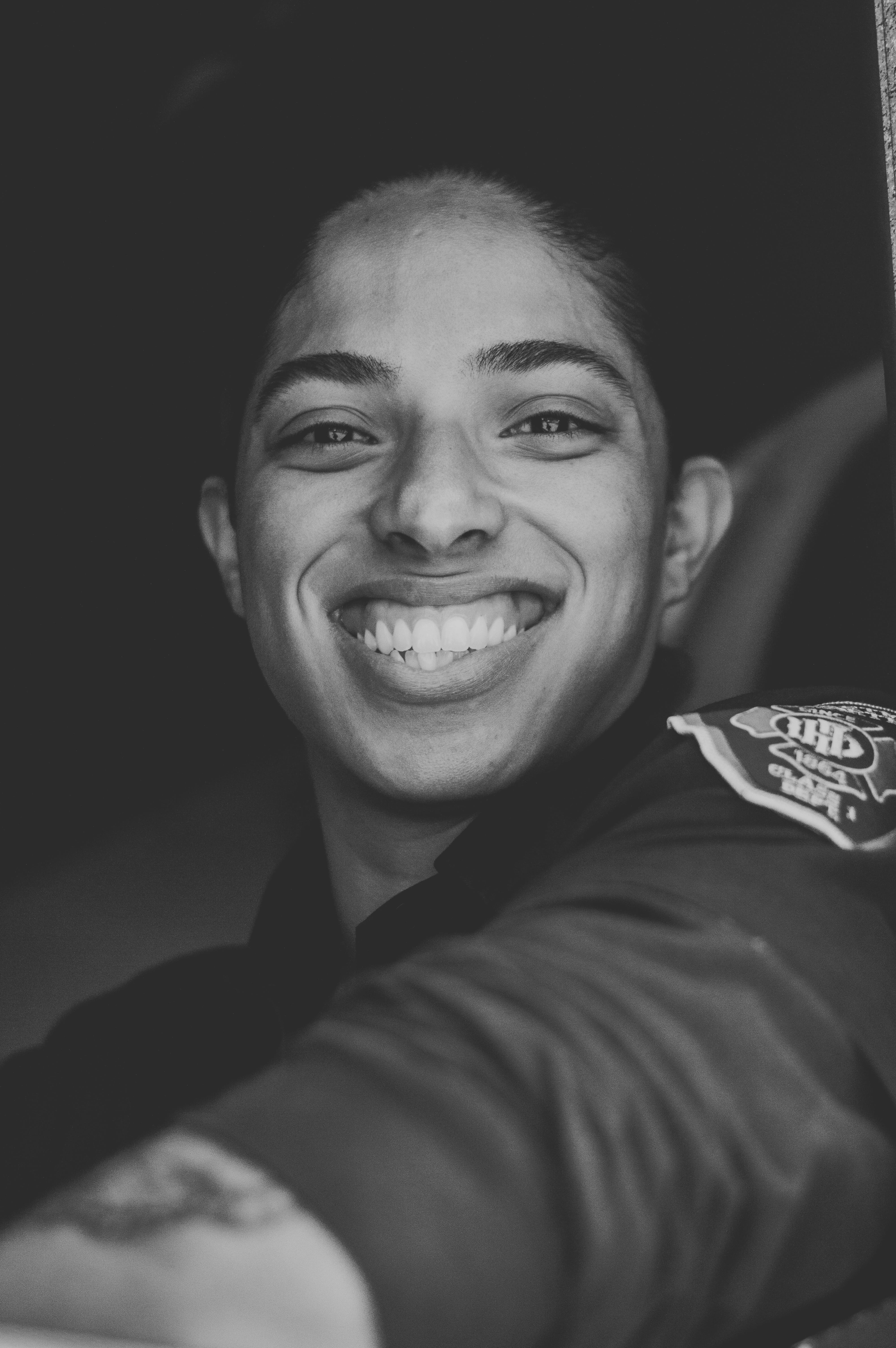 cheerful, fire fighter, smiling, headshot, emotion, casual clothing, positive emotion, women, front view, teeth, black and white, real people, lifestyles, Phone HD Wallpaper
