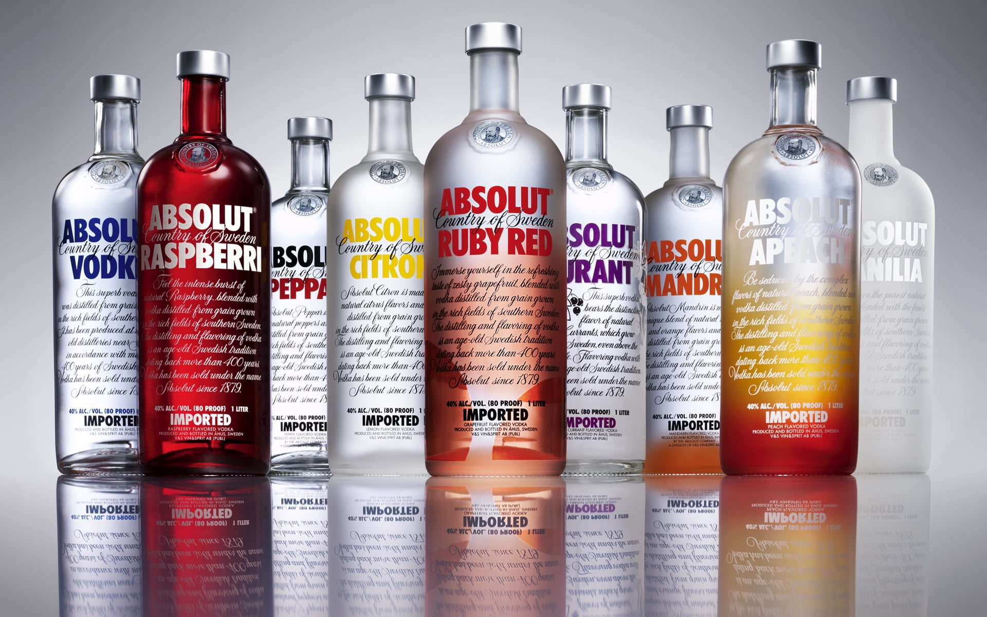 arrangement, absolut, variation, label, close-up, alcohol Abuse, food and drink, chemistry, choice, lot, retail, absolute, in a row, reflection, alcohol, HD Wallpaper