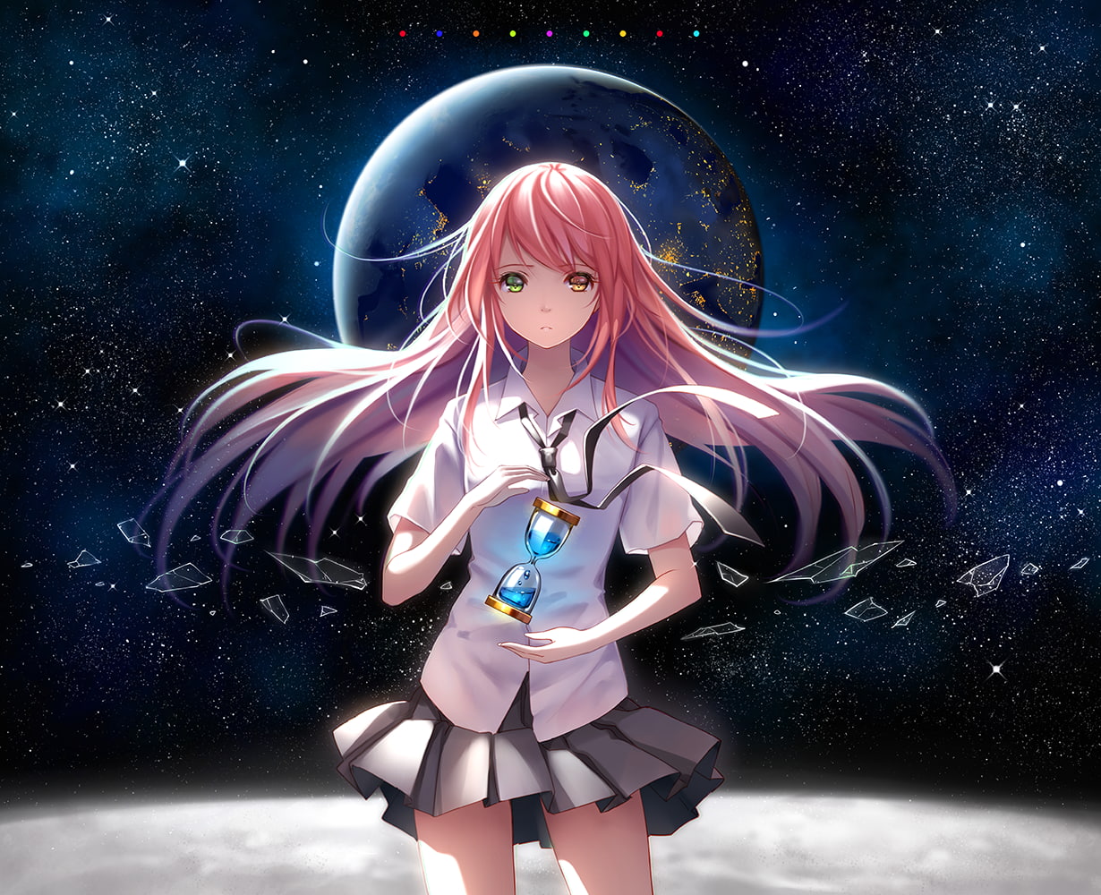 heterochromia, hourglasses, anime girls, pink hair, artwork, 480P, universe, Earth, HD Wallpaper