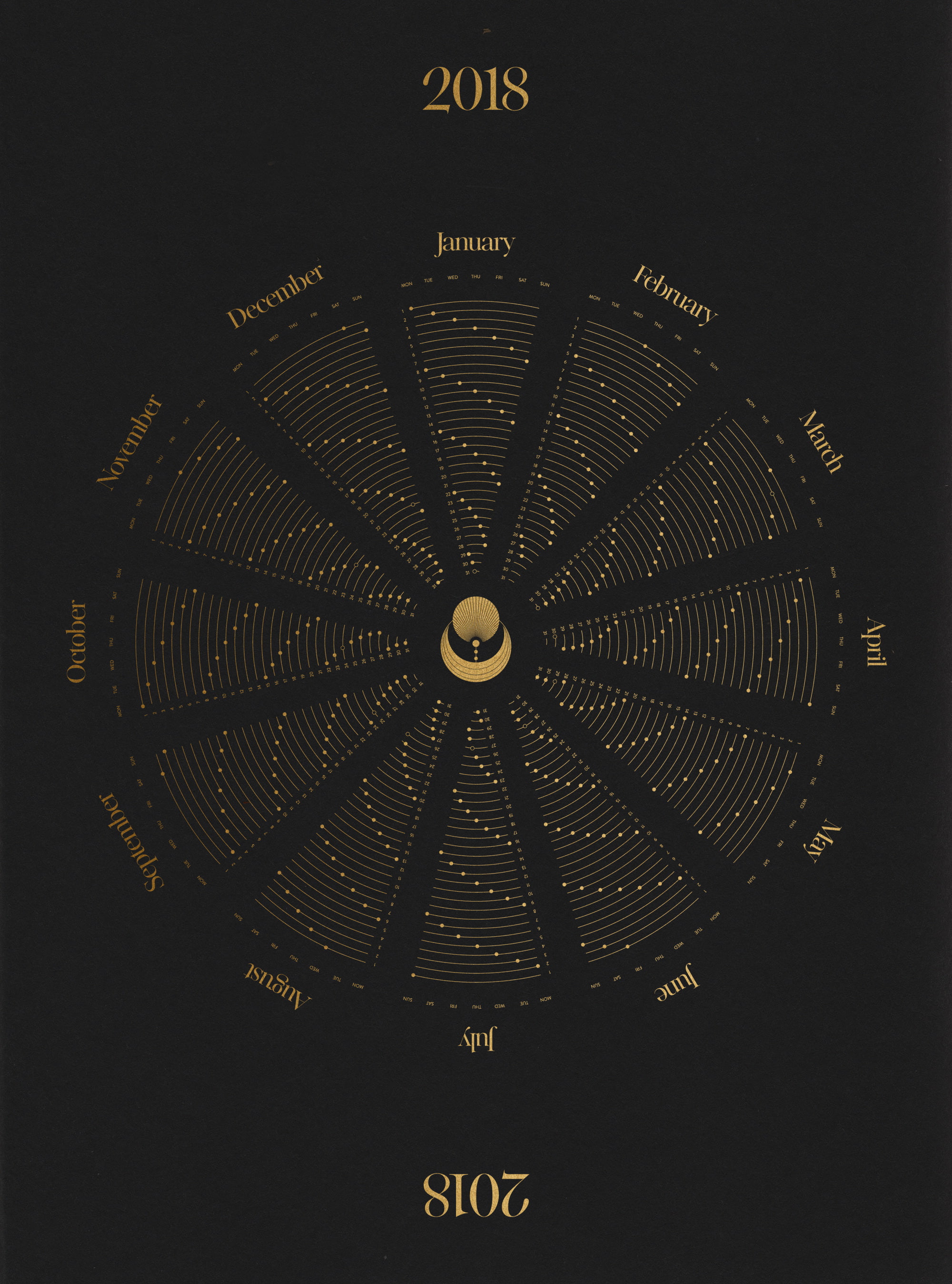 numbers, calendar, circle, symmetry, 2018 (Year), portrait display, 2K, spiral, black background, month, Moon, Phone HD Wallpaper