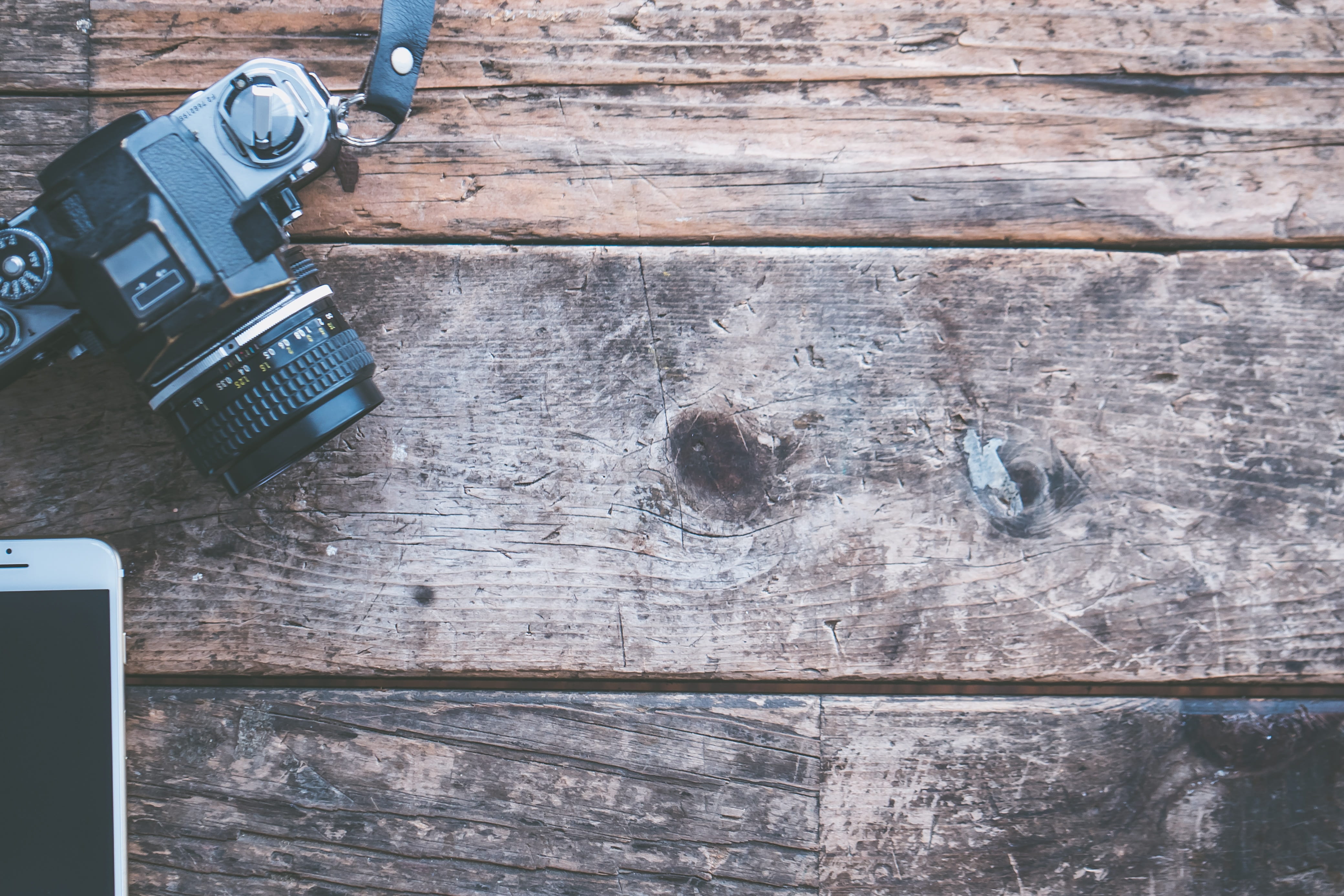 metal, surface, device, still life, communication, day, analog, iphone, retro styled, desk, old, apple, brown, wooden table, lens, wood, black, photography themes, HD Wallpaper