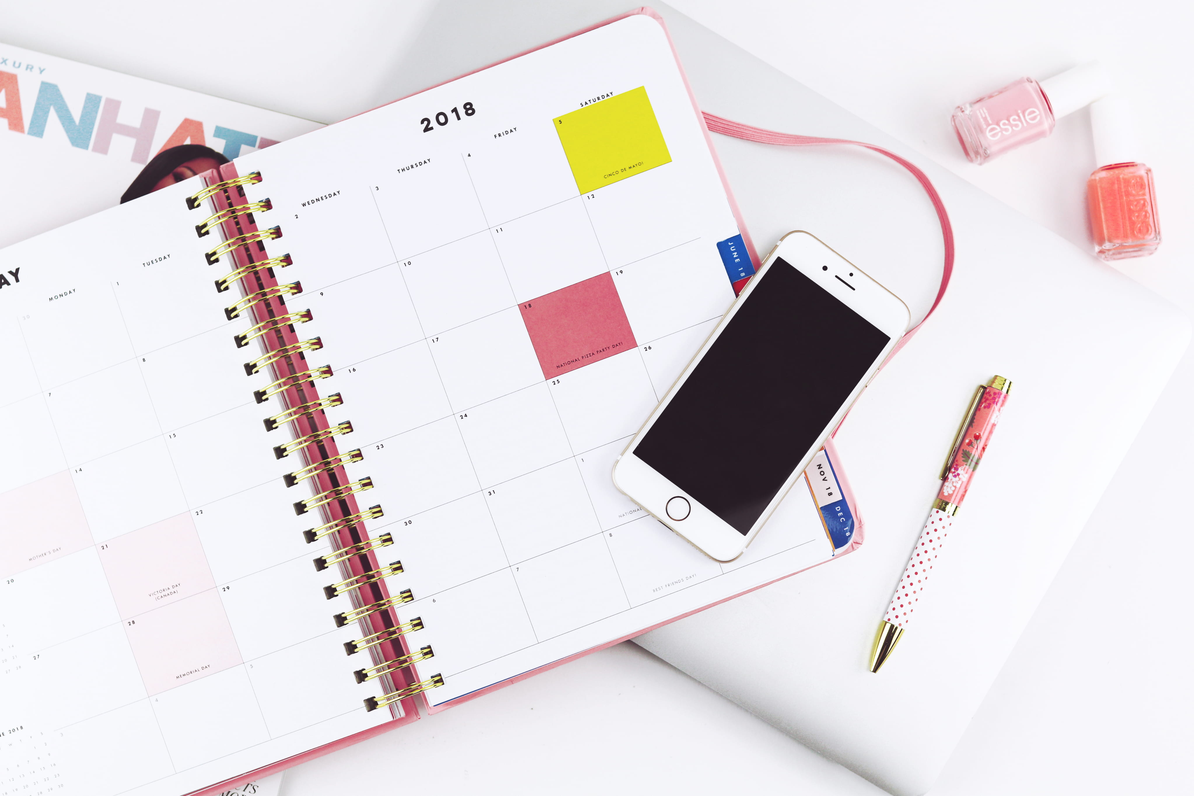 phone, portable information device, calendar, pink, new york, pen, girlboss, technology, desk, spiral, flat, table, silver, essie, wireless technology, HD Wallpaper