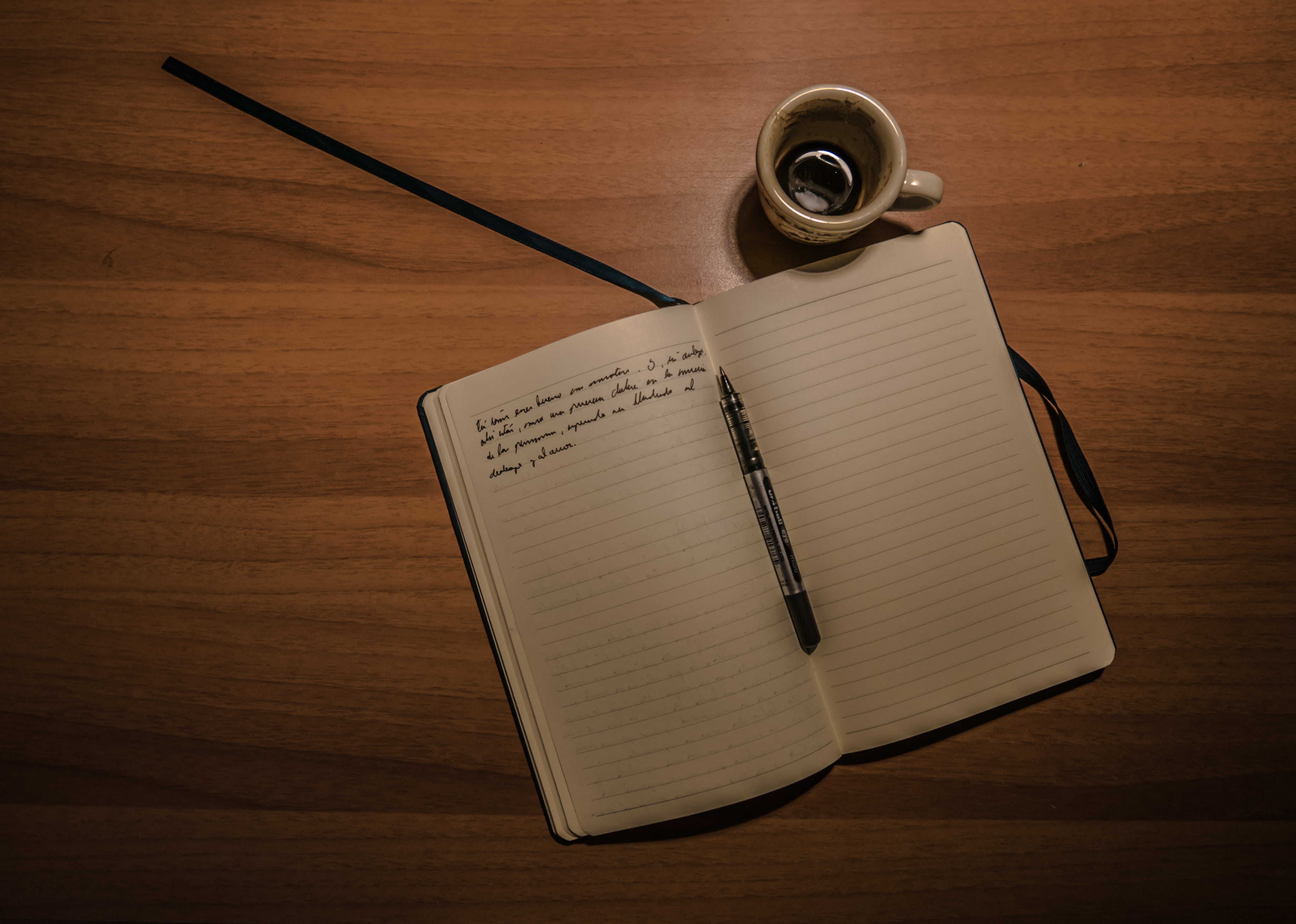 directly above, book, notebook, indoors, fountain pen, composition, cup, brown, coffee, open, wood - material, education, furniture, wooden table, office, HD Wallpaper