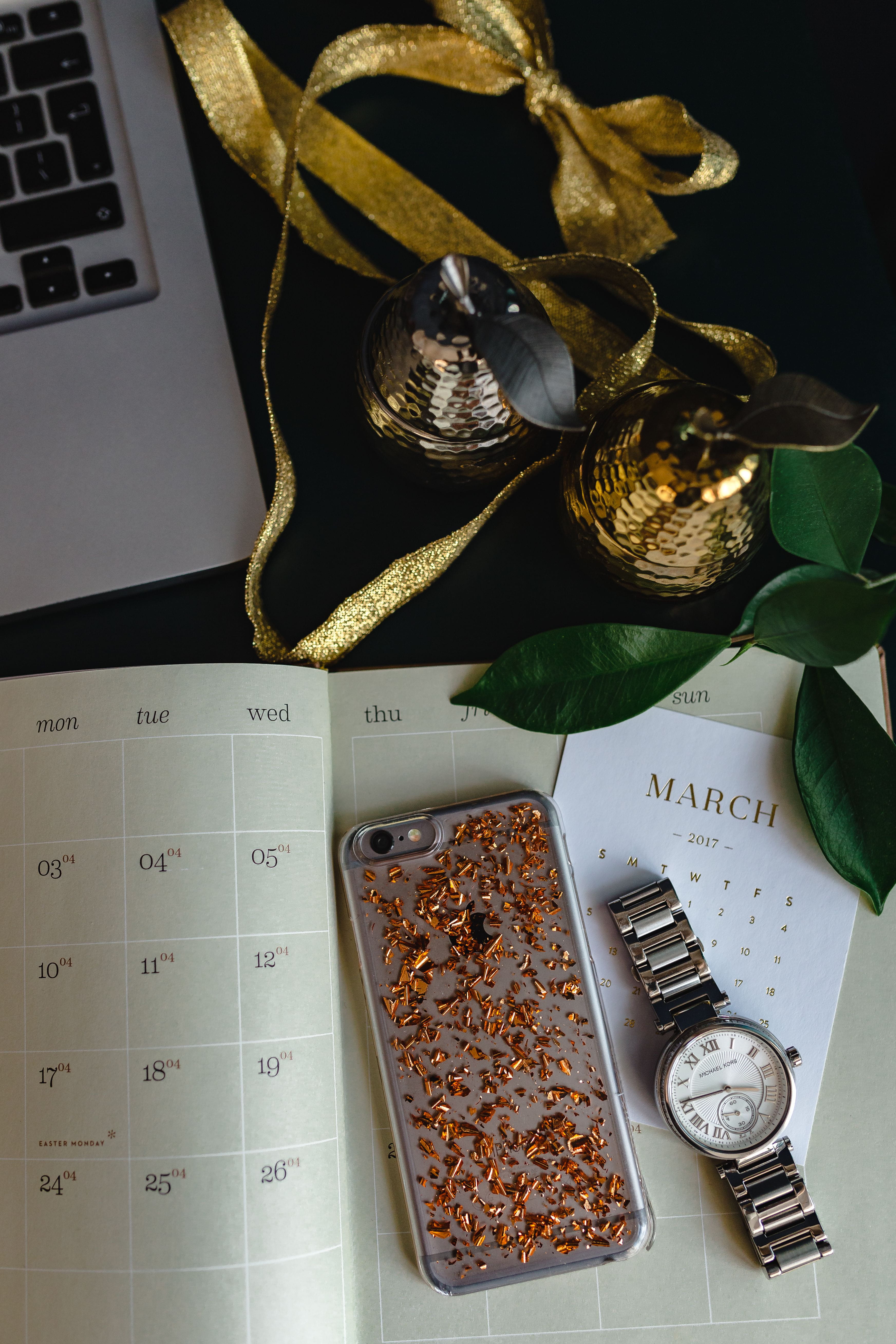 workspace, book, communication, calendar, food, office, technology, silver watch, high angle view, wellbeing, laptop, clock, iphone, plant, watch, home, Phone HD Wallpaper