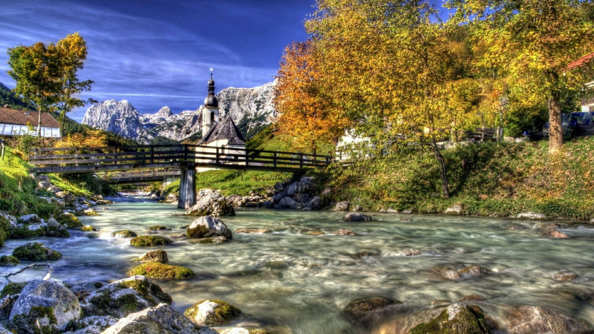 europe, water, flowing water, rural landscape, tree, ramsau bei berchtesgaden, village, bank, stream, stream - flowing water, autumn, st. sebastian church, HD Wallpaper