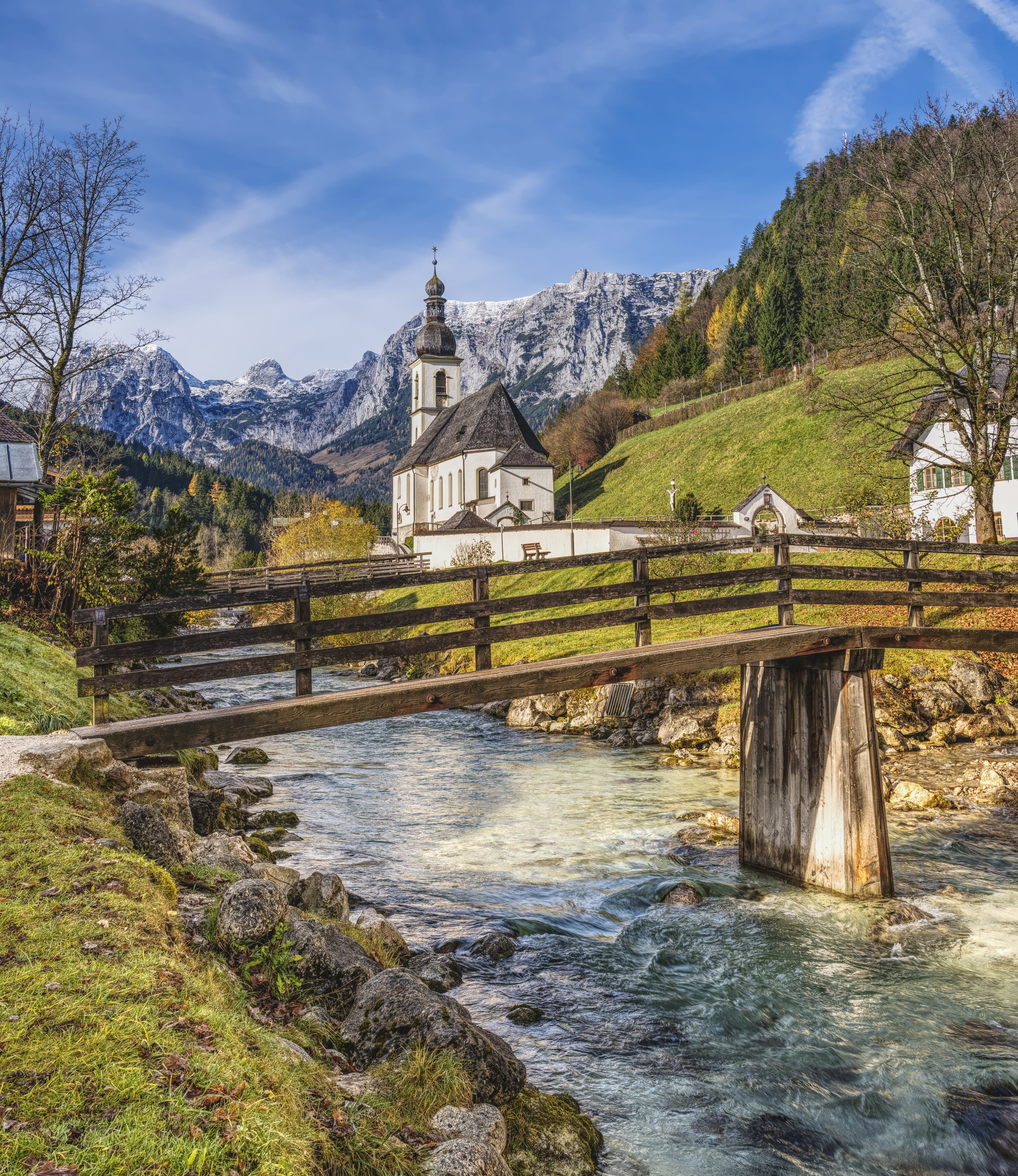 flowing water, no people, church, day, ramsau bei berchtesgaden, mountain, blue, wooden, tranquil scene, forest, hillside, architecture, 5K, nature, scenics - nature, Phone HD Wallpaper