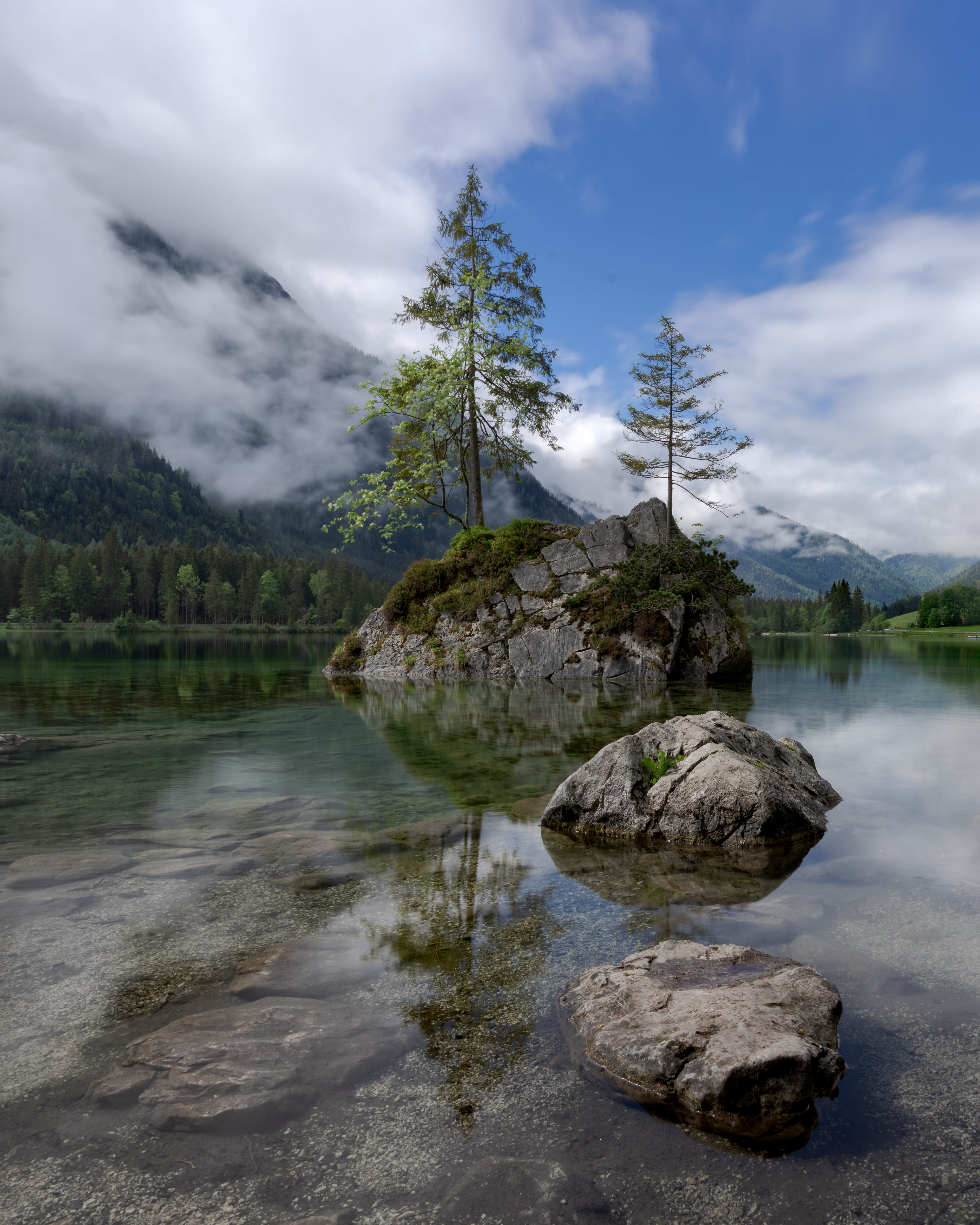outdoors, lake, day, tranquility, beauty in nature, hintersee, rock, green, flowing water, scenics - nature, grass, sky, cloud - sky, trees, mountain, forest, Phone HD Wallpaper