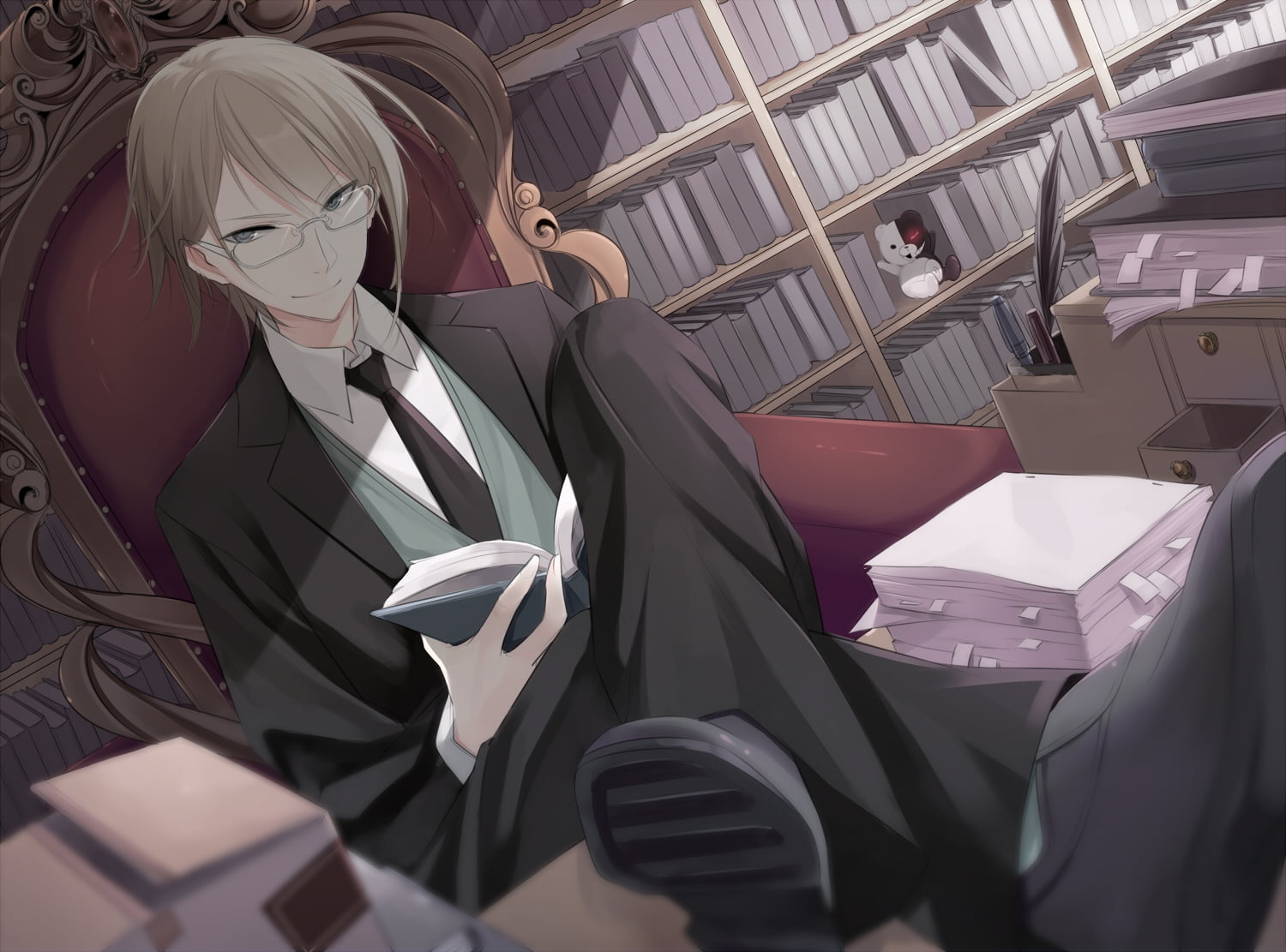 menswear, character, day, still life, glasses, illustration, arrangement, abundance, indoors, backgrounds, togami byakuya, guy, businesswoman, business, HD Wallpaper