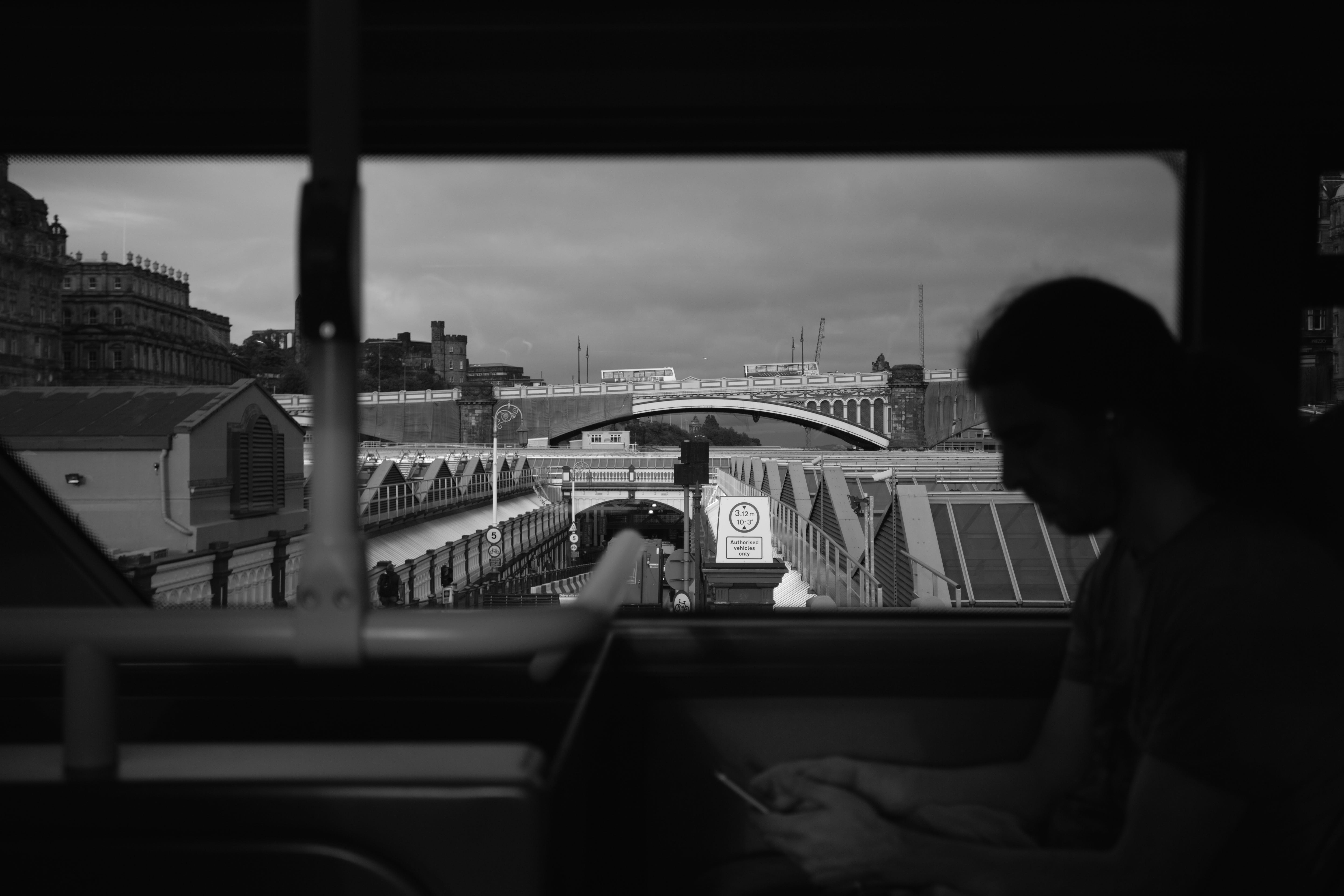 bus, people, outdoors, man, sky, building exterior, meditation, 5K, transparent, transportation, mode of transportation, connection, city, reading, day, HD Wallpaper