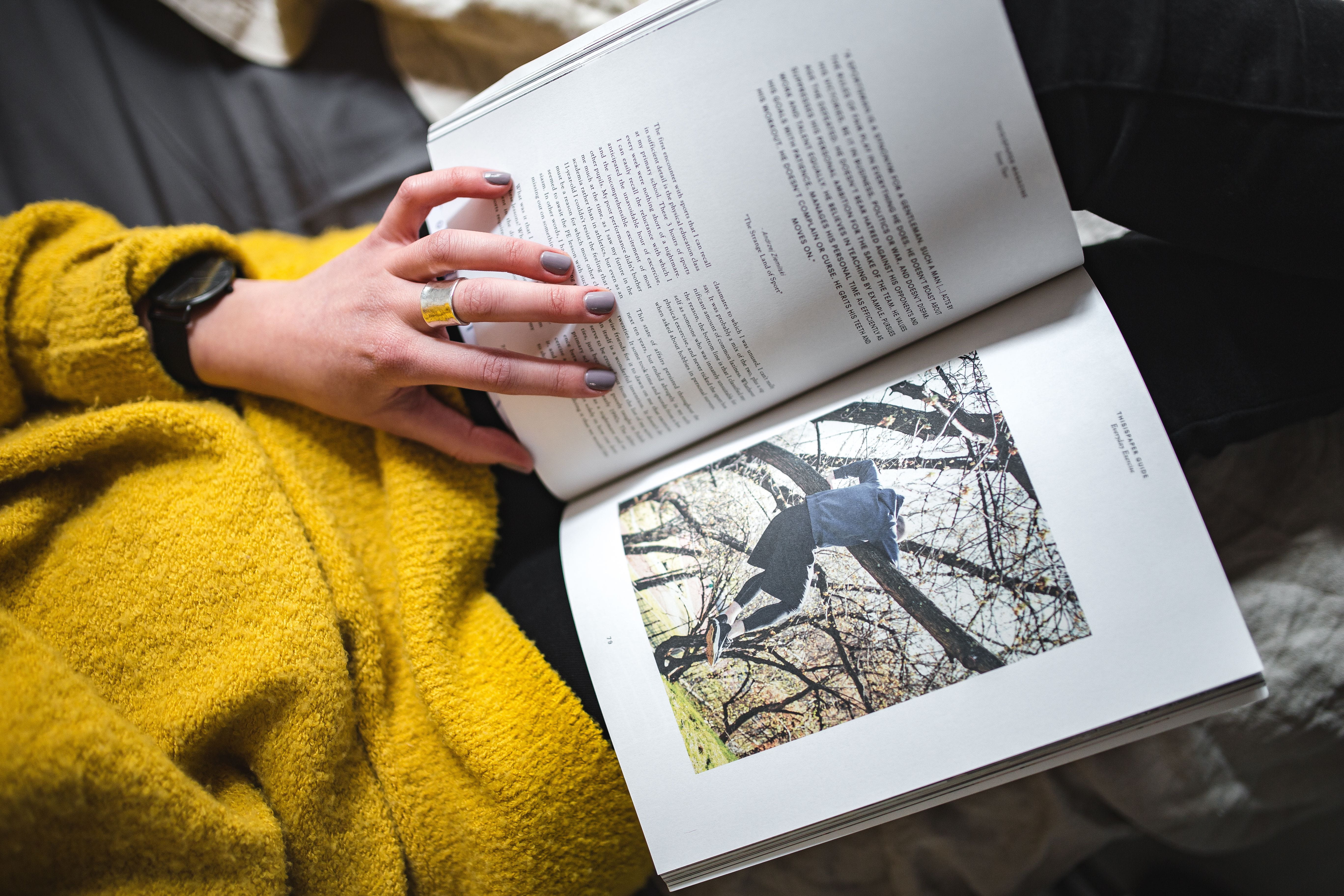 one woman only, 5K, education, yellow sweater, woman reading, human body part, interior, outdoors, read, relax, real people, book, publication, time, holding, HD Wallpaper