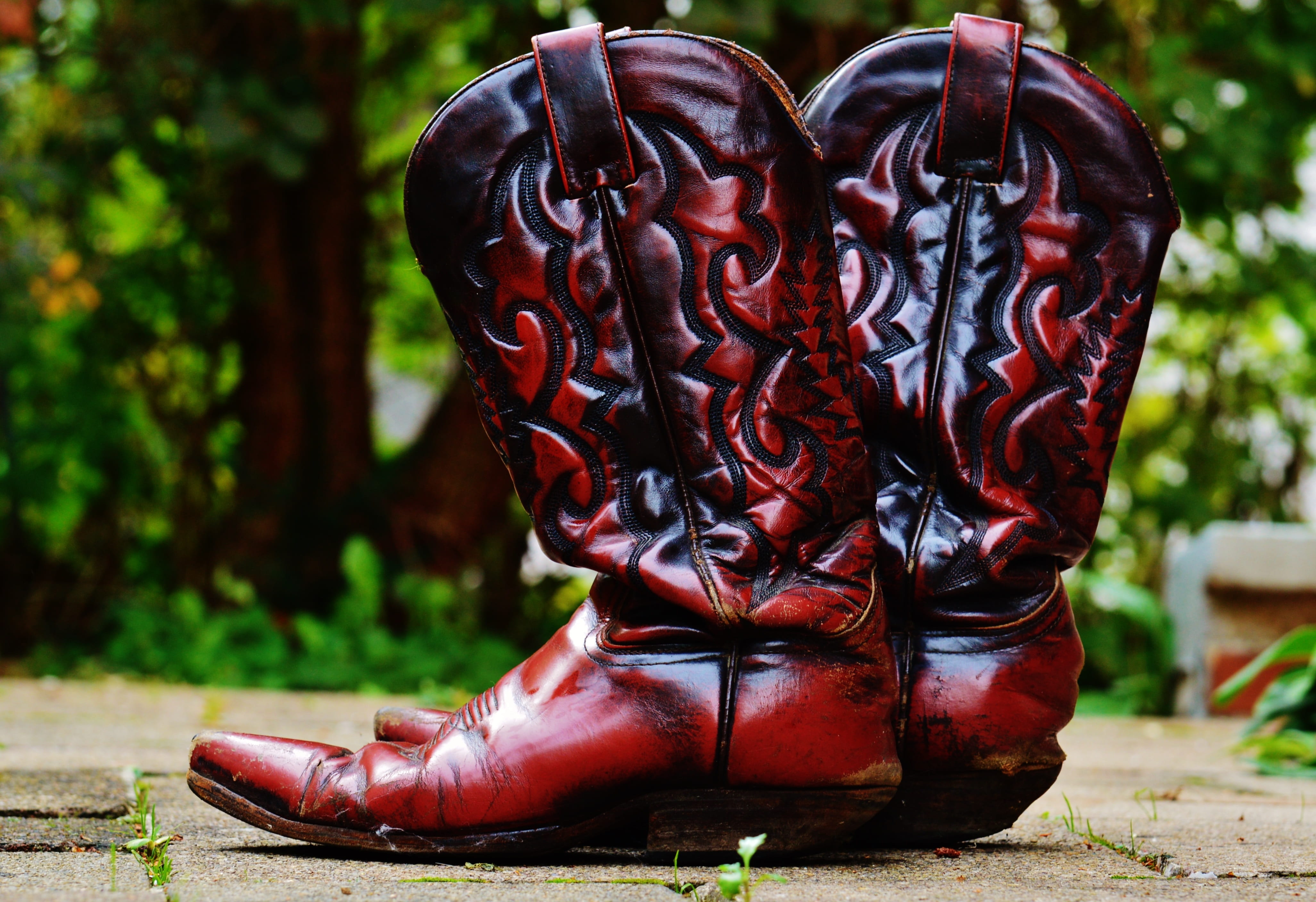 plant, 4K, human representation, leather, sculpture, shoes, ornate, female likeness, concrete, cowboy, no people, boots, creativity, black color, red, HD Wallpaper