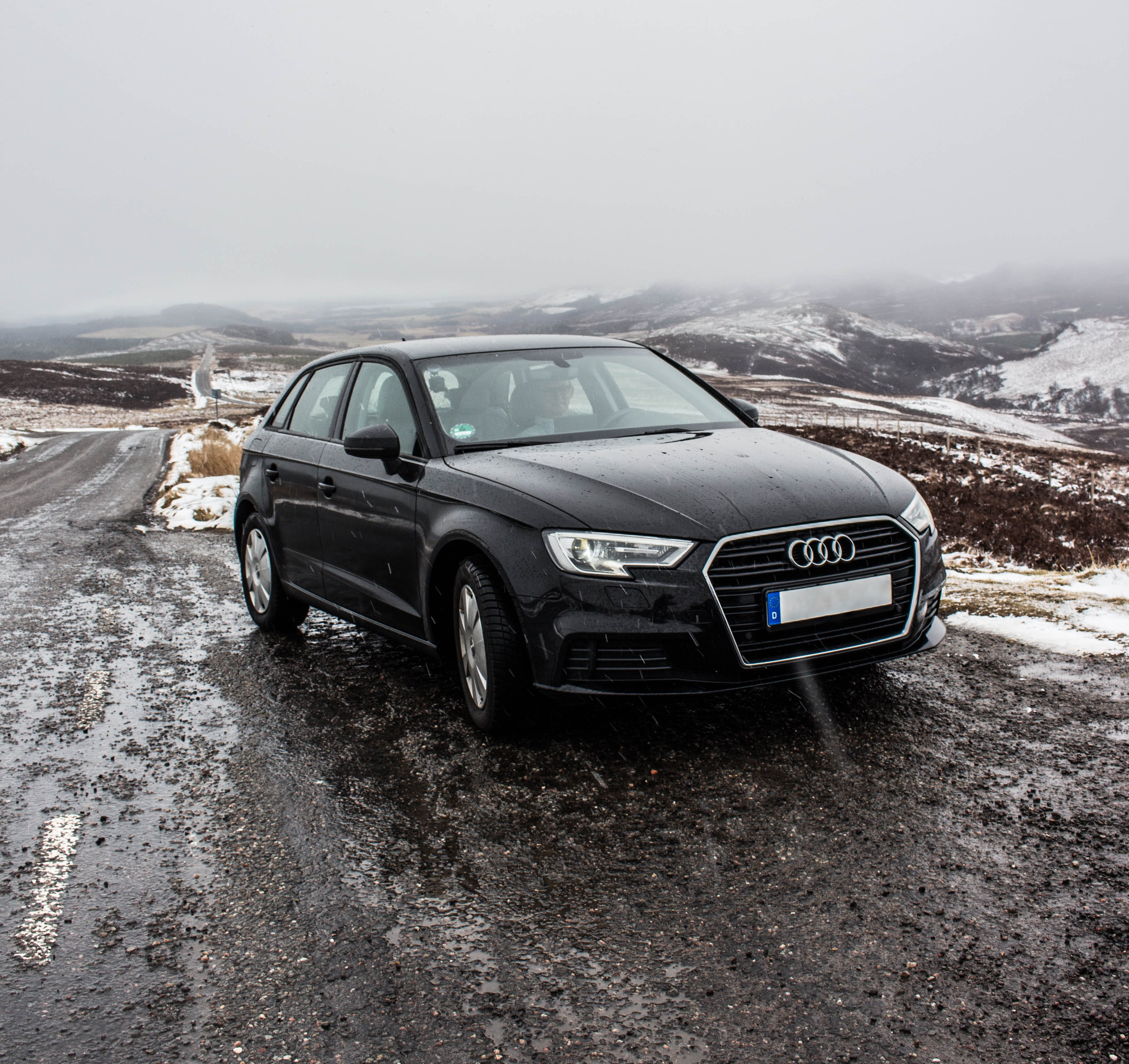 no people, road, motor vehicle, land vehicle, sedan, cold temperature, scotland, 2K, mountain, tire, snow, dirt road, audi, car, nature, landscape, land, HD Wallpaper