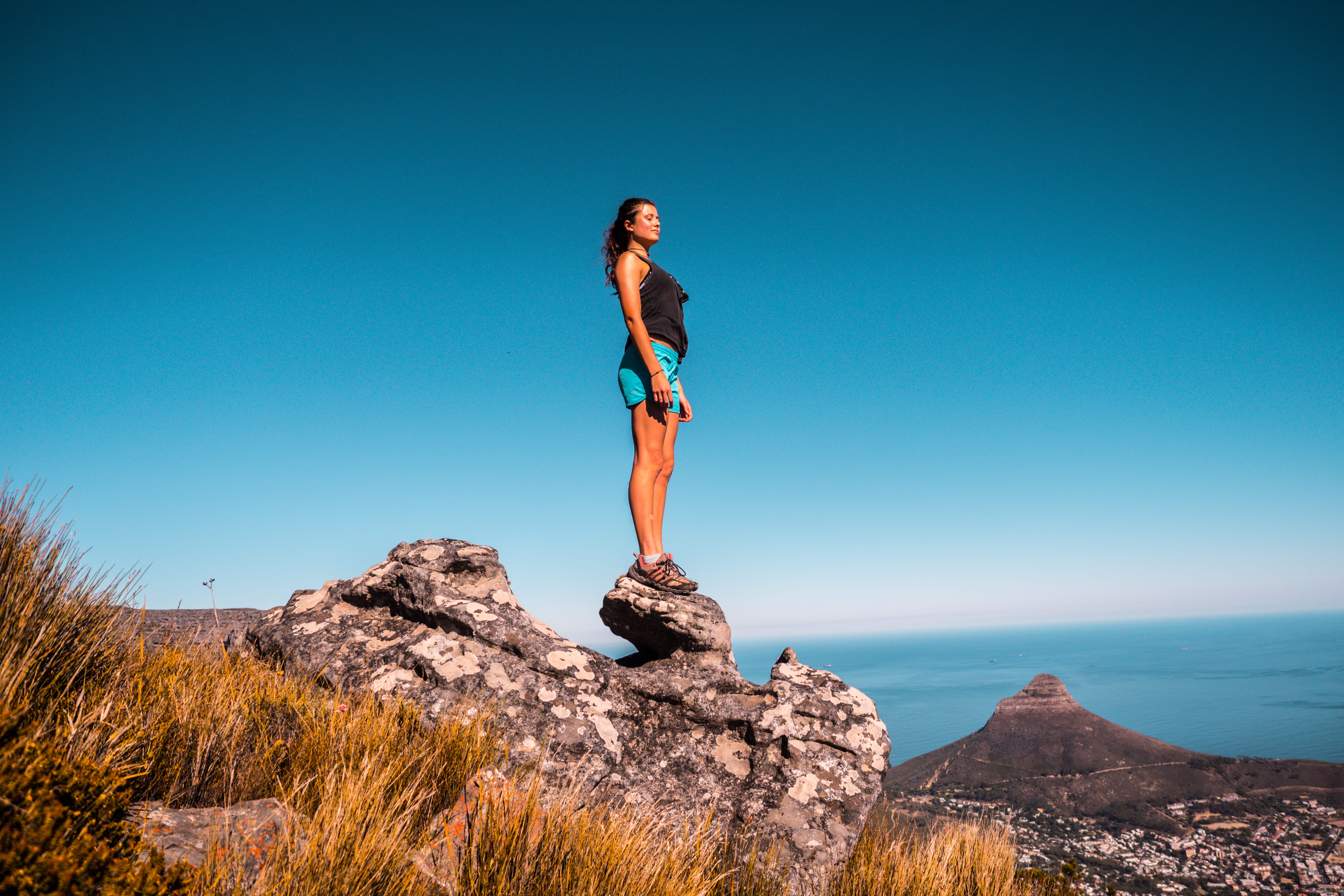 sunset, mountain peak, mountain, full length, daylight, scenics - nature, high, summer, black, lifestyles, blue sky, adult, one person, hike, landscape, HD Wallpaper