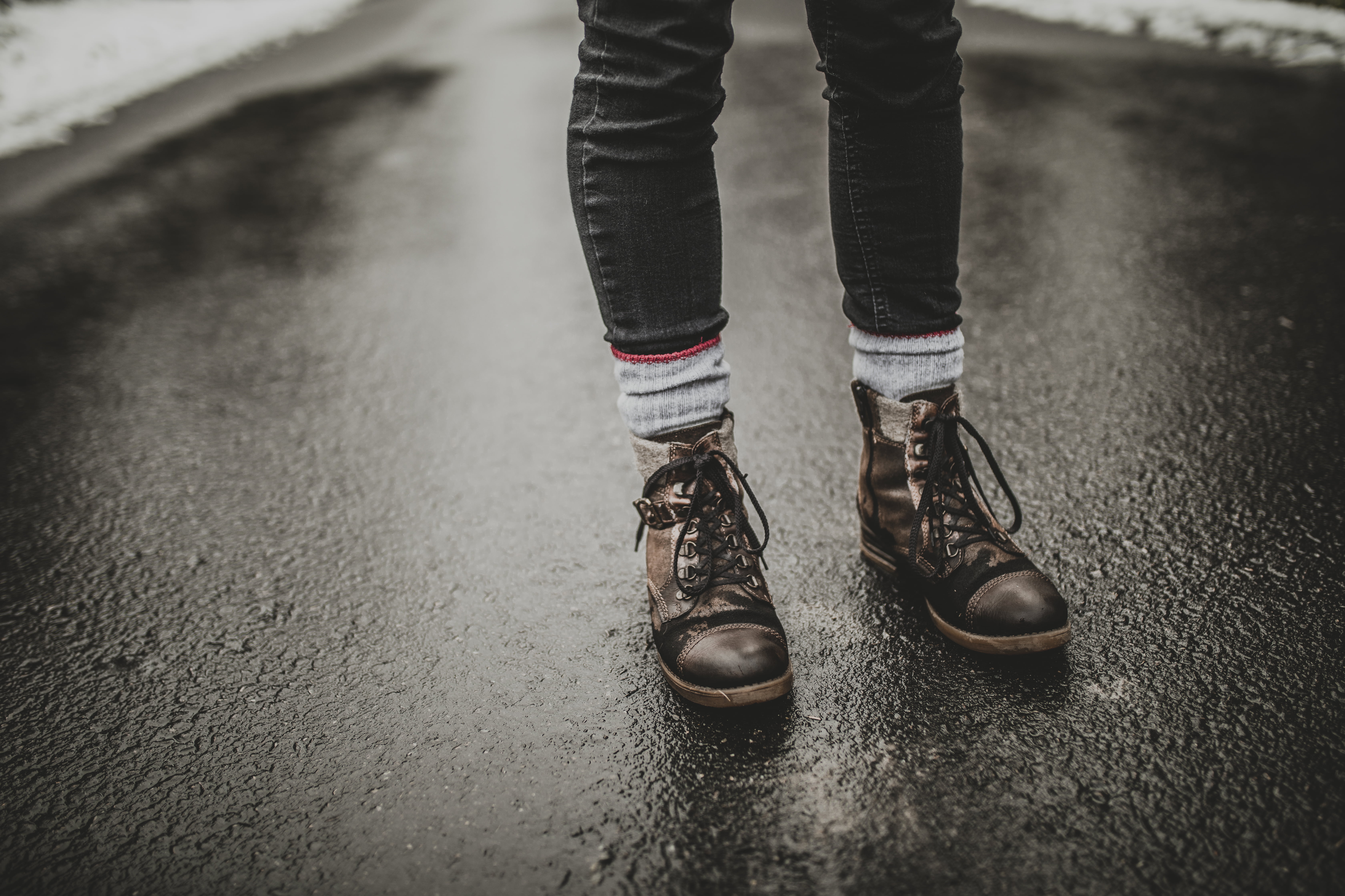 urban Scene, city, day, black Color, shoe, limb, human body part, cold temperature, 5K, winter, ice, outdoors, one Person, men, fashion, shoes, jeans, HD Wallpaper