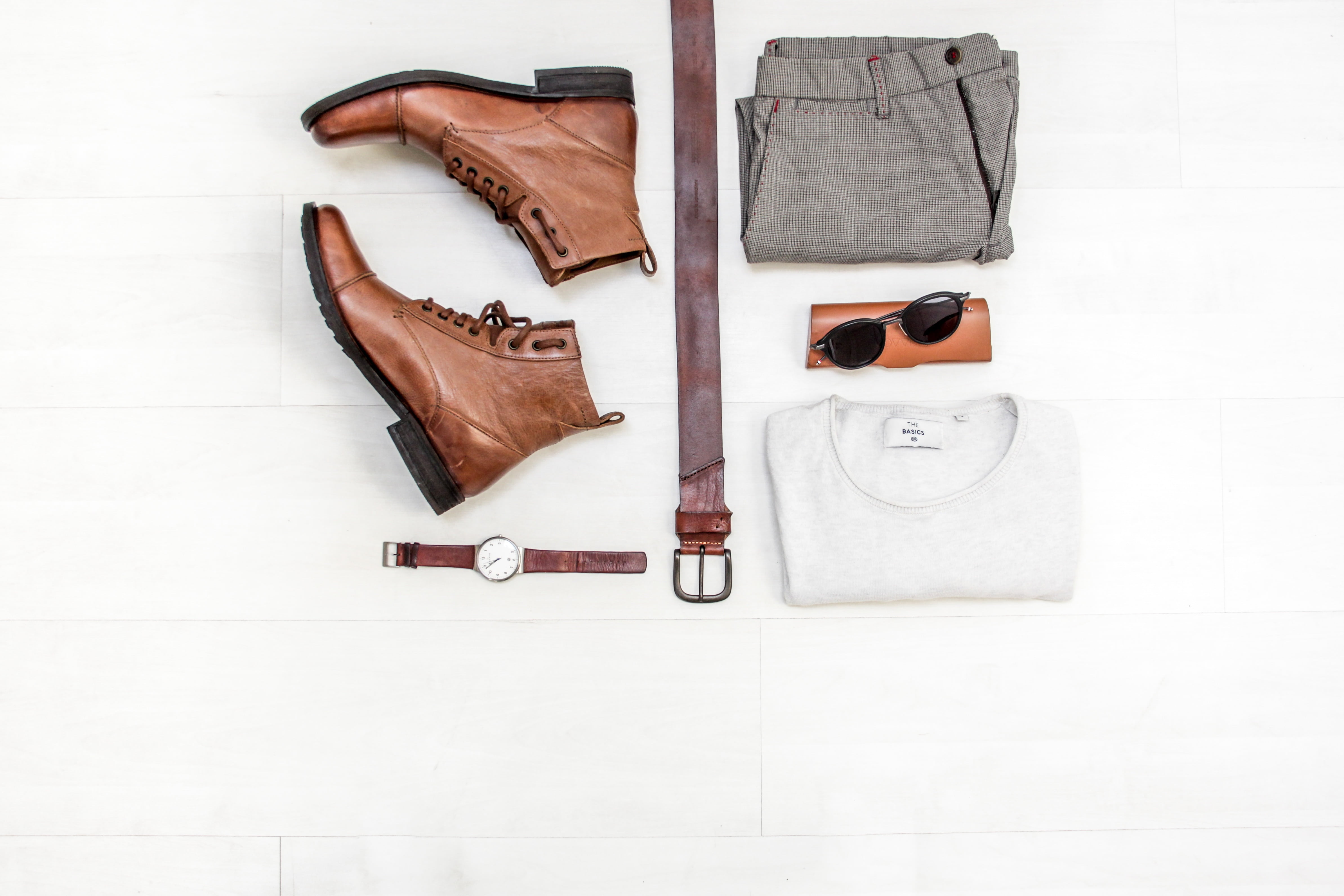 casual clothing, grey, white color, brown, eyeglasses, next, studio shot, glasses, no people, bottoms, fashion, belt, high angle view, still life, shirt, HD Wallpaper