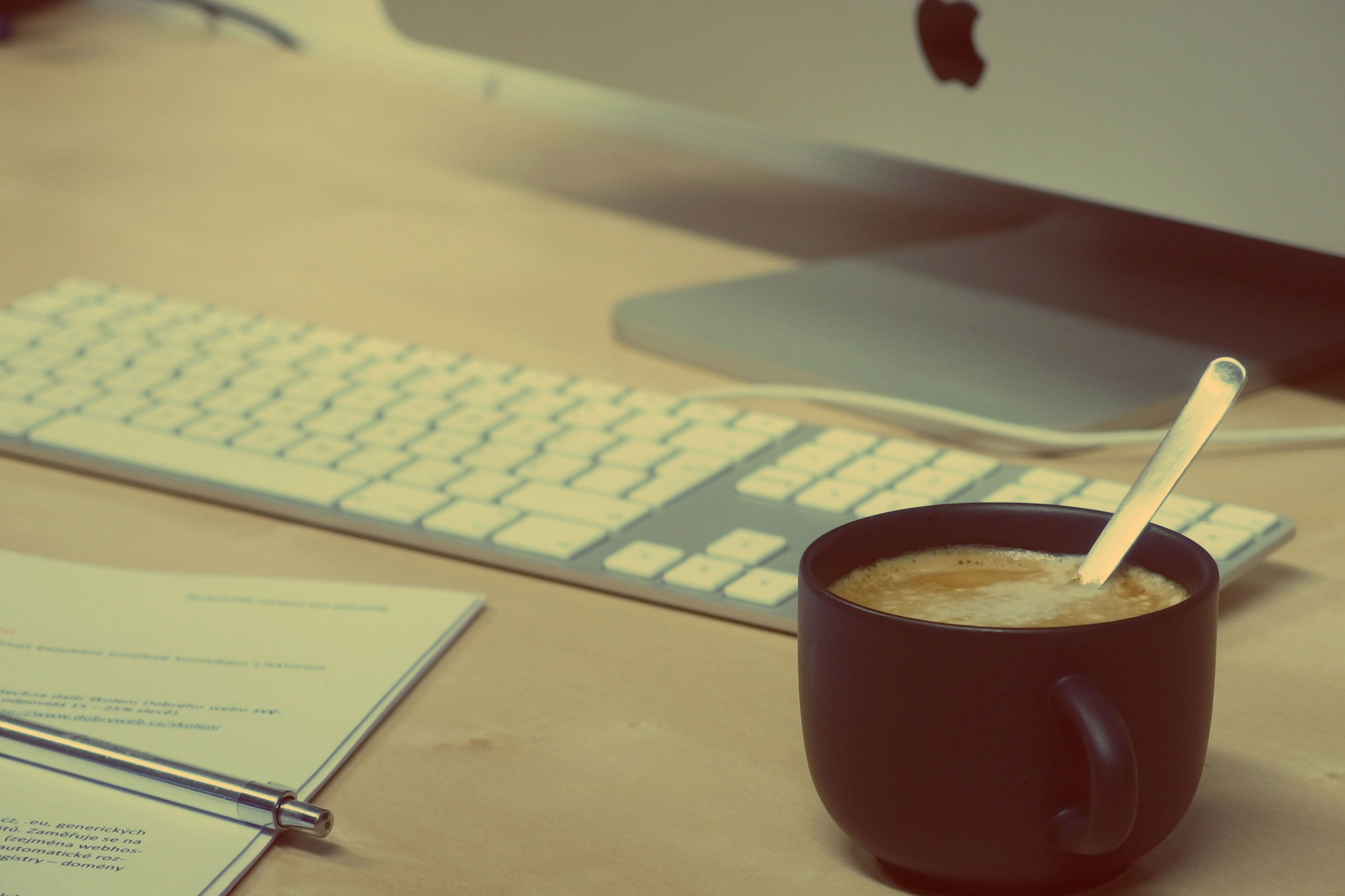 table, white, day, refreshment, mac, cappuccino, office, desk, mug, creative, pen, close-up, desktop, no people, imac, computer keyboard, still life, coffee cup, HD Wallpaper