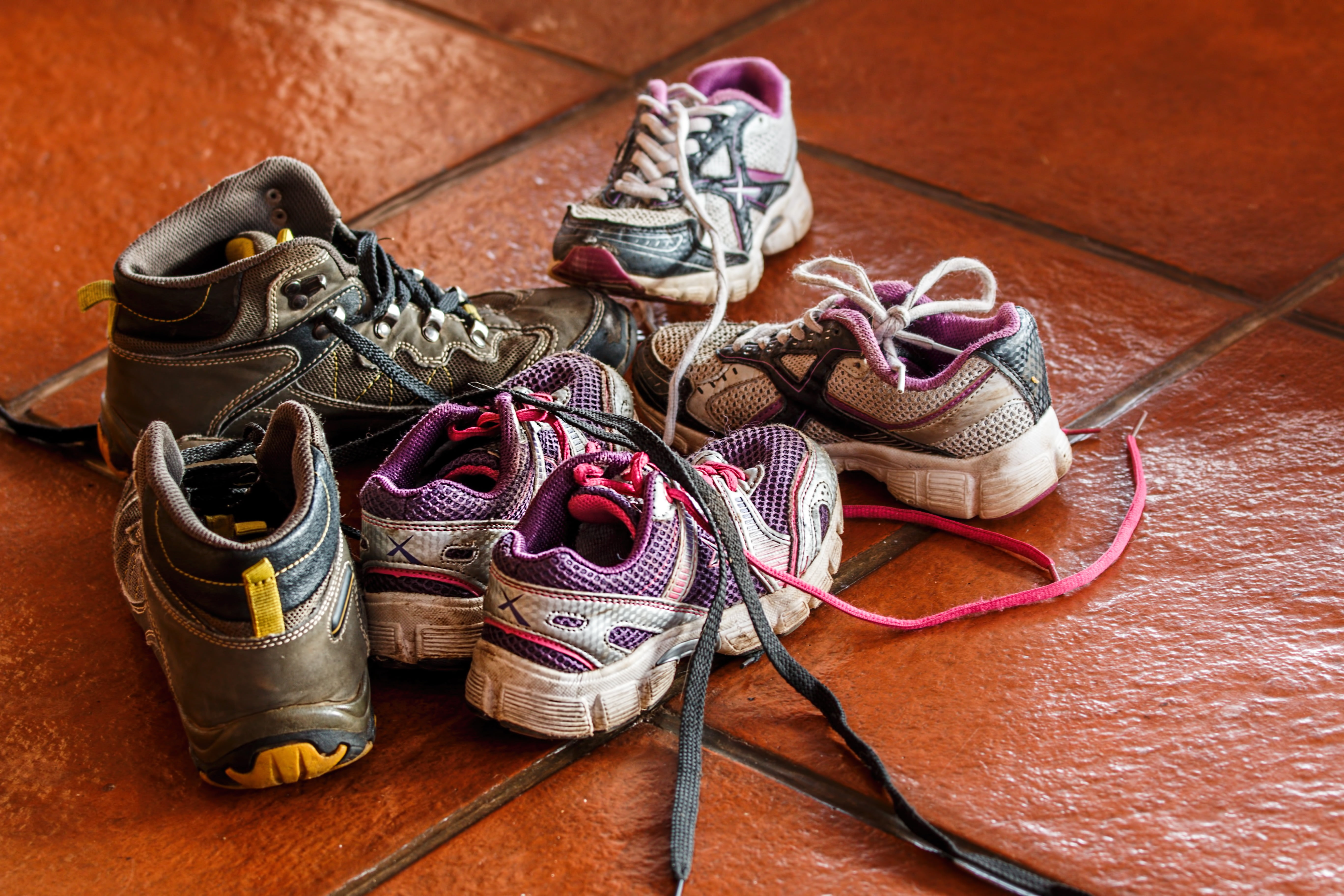 pair, trainers, wood - material, footwear, group of objects, shoe, no people, 5K, close-up, pairs, personal accessory, hardwood floor, high angle view, HD Wallpaper