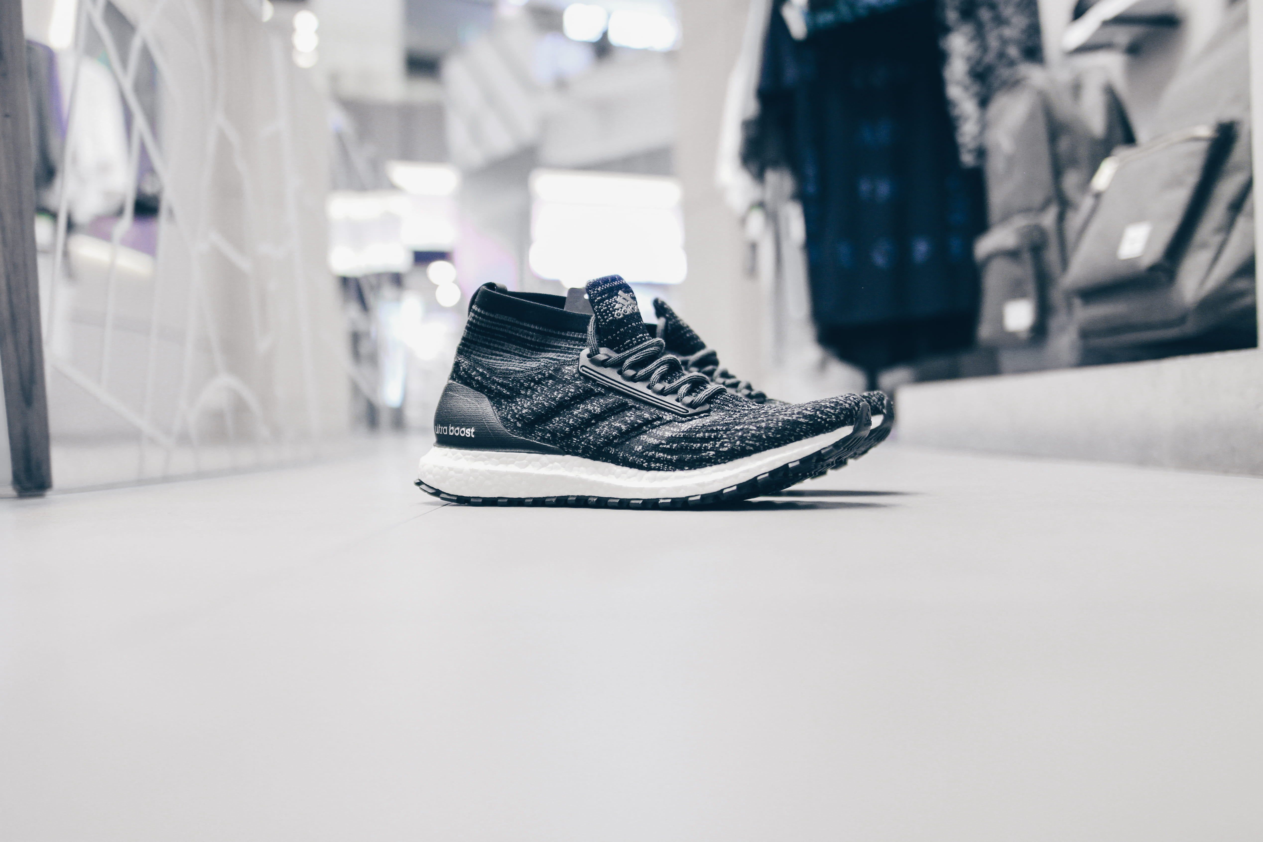 hat, black, close-up, indoors, selective focus, absence, architecture, copy space, adida, surface level, store, black color, surface, shoe, adidas, white, HD Wallpaper