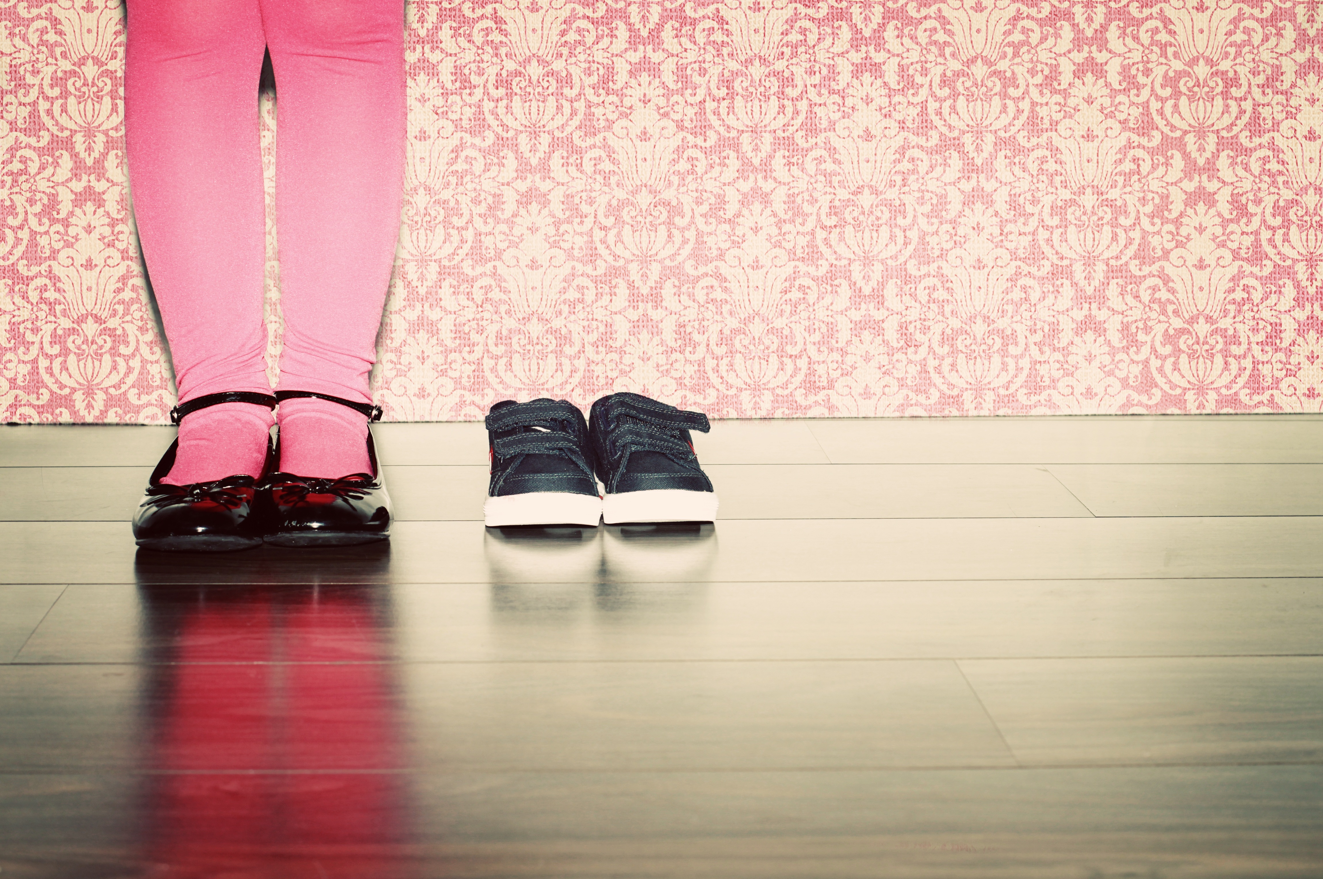 feet, legs, wearing, pink color, lifestyles, childrens shoes, one person, brother, day, wood, shoes, indoors, paint shoes, low section, females, black color, HD Wallpaper