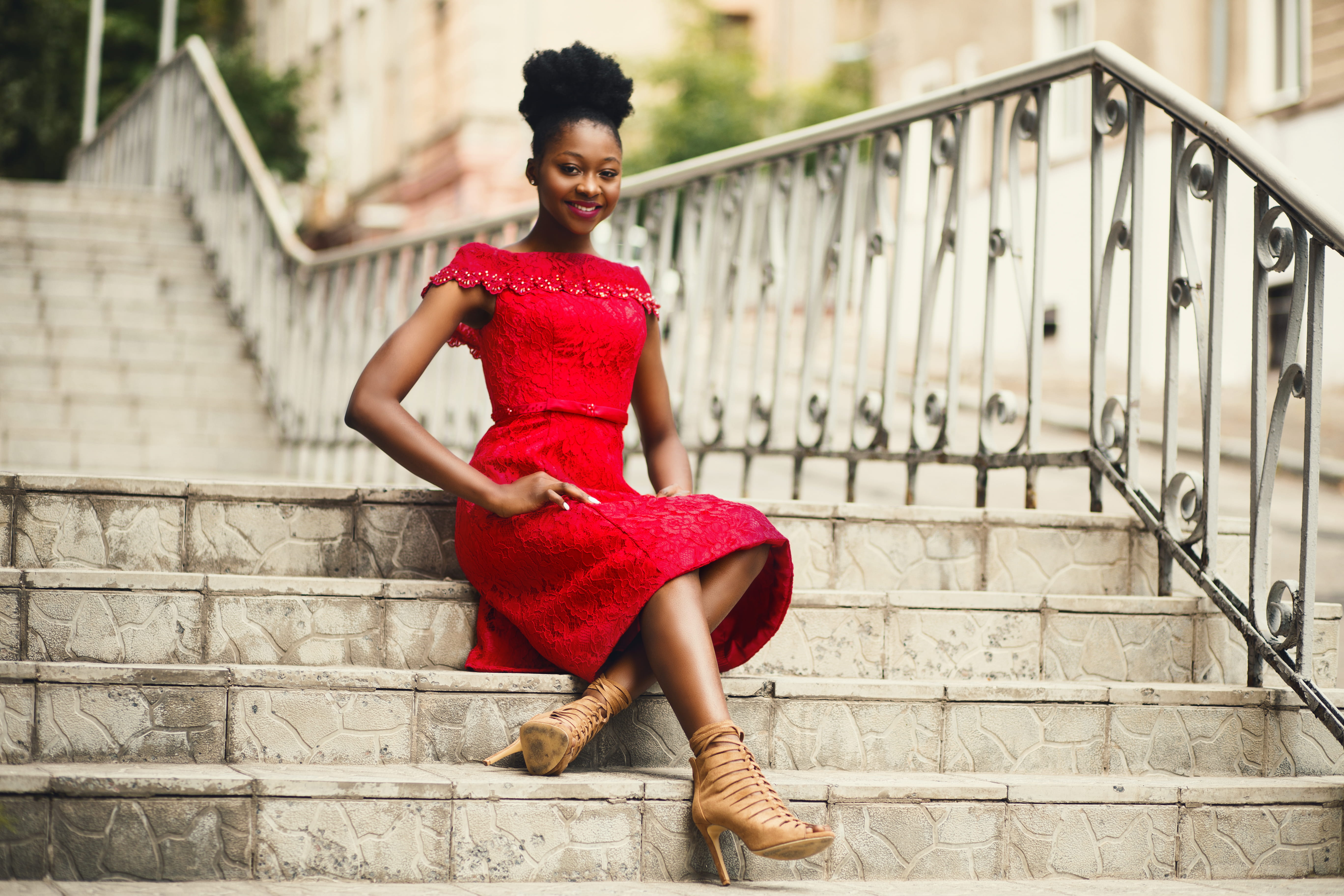 real people, model, leather, photoshoot, beautiful woman, 5K, smiling, young adult, lifestyles, smile, step, staircase, hairstyle, girl, outdoorchallenge, HD Wallpaper