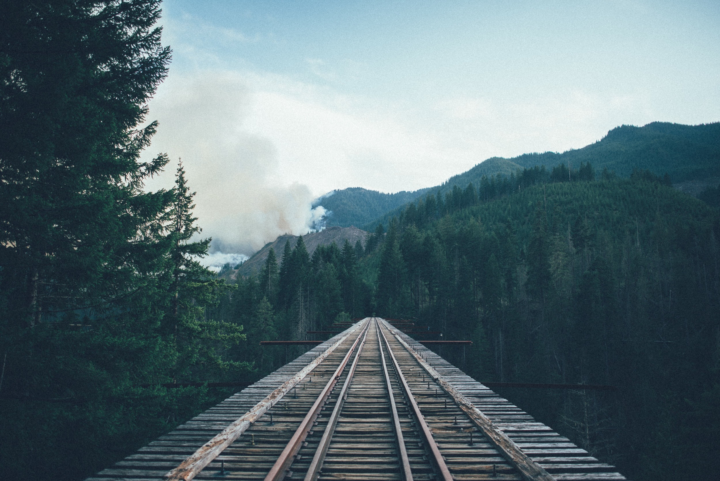 landscape, wooden, sky, nature, railroad, green, mode of transportation, near, railway, mountain, diminishing perspective, railroad track, train tracks, HD Wallpaper