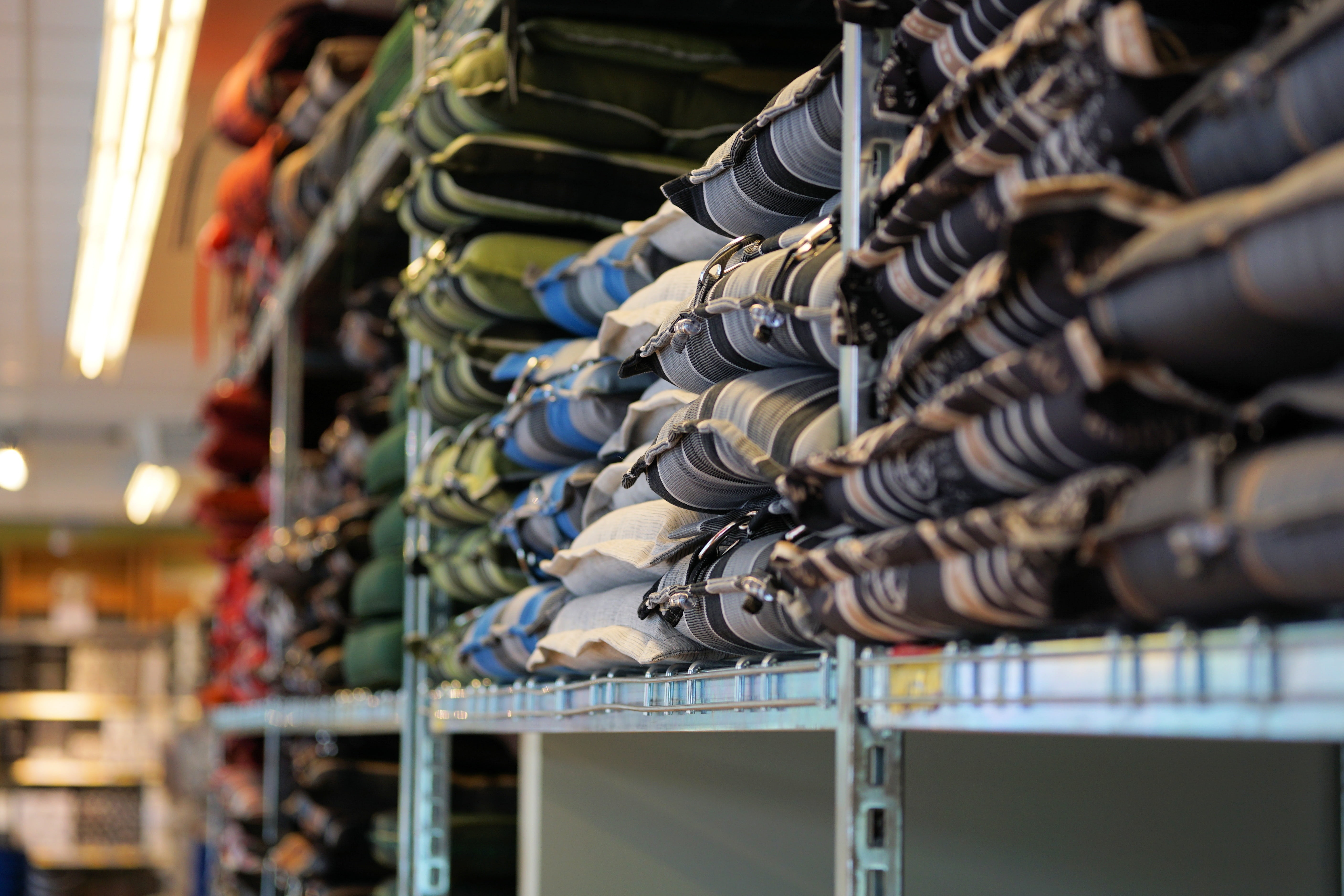 5K, abundance, industry, pillow, seat pad, sport, architecture, stack, hanging, color, selective focus, trade, indoors, repetition, supermarket, day, in a row, HD Wallpaper