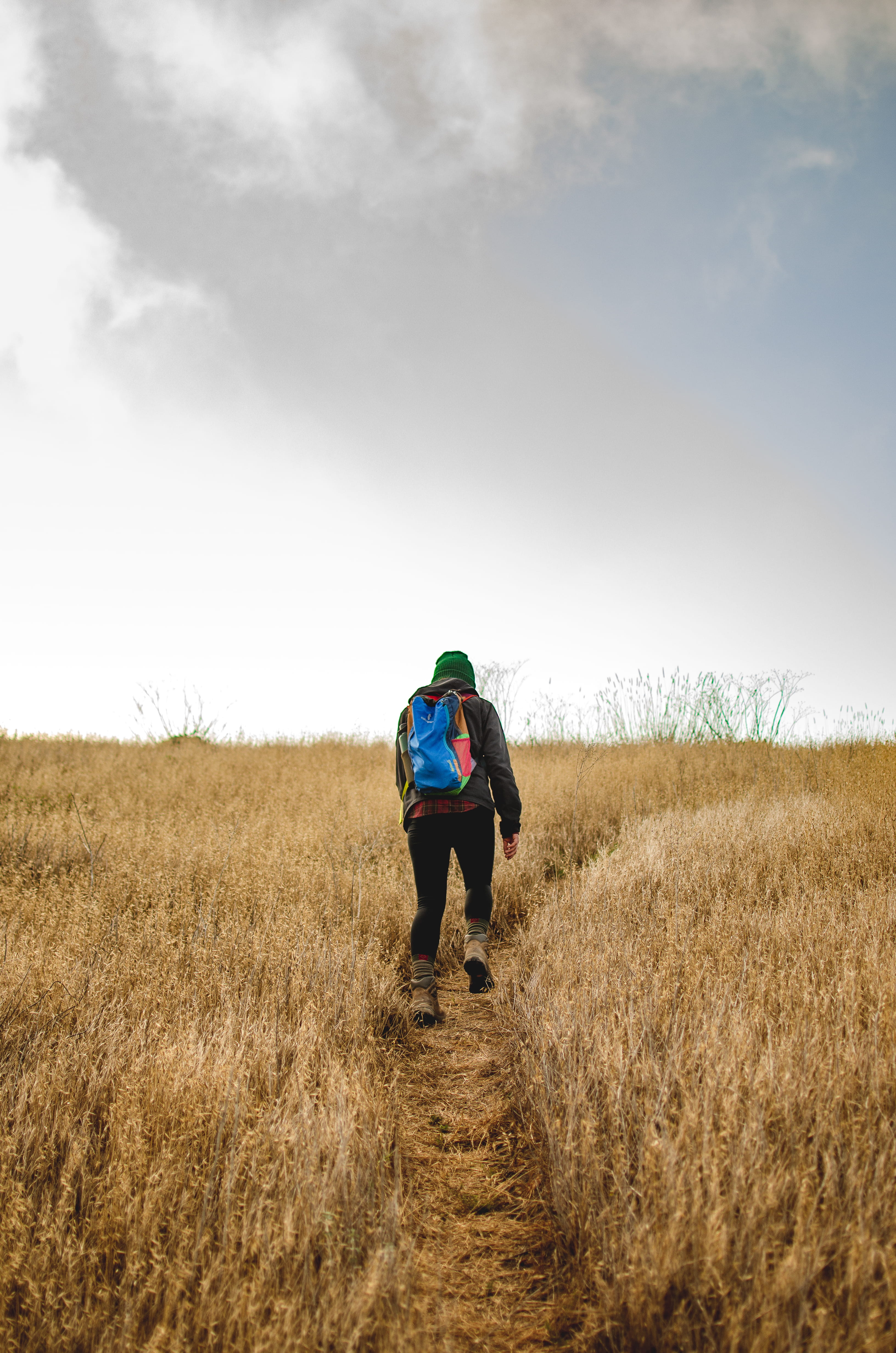 leisure activity, rear view, 4K, channel islands, non-urban scene, walk, full length, person, path, environment, explore, cloud - sky, land, people, backpack, Phone HD Wallpaper