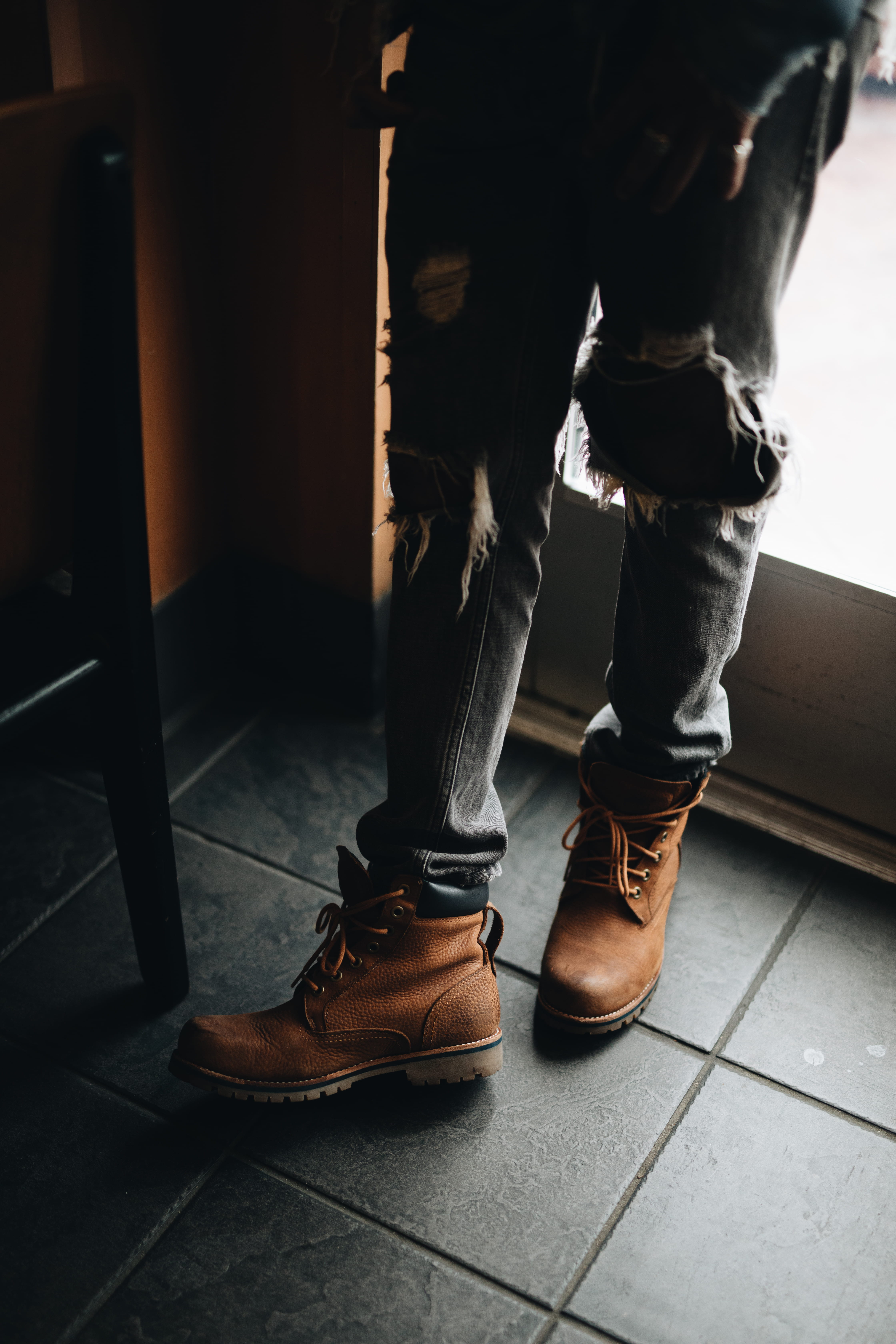focus on foreground, jeans, denim, body part, flooring, timberland, leather, low section, brown, panel, shoe, standing, men, wearing, 5K, pair, work, boot, Phone HD Wallpaper