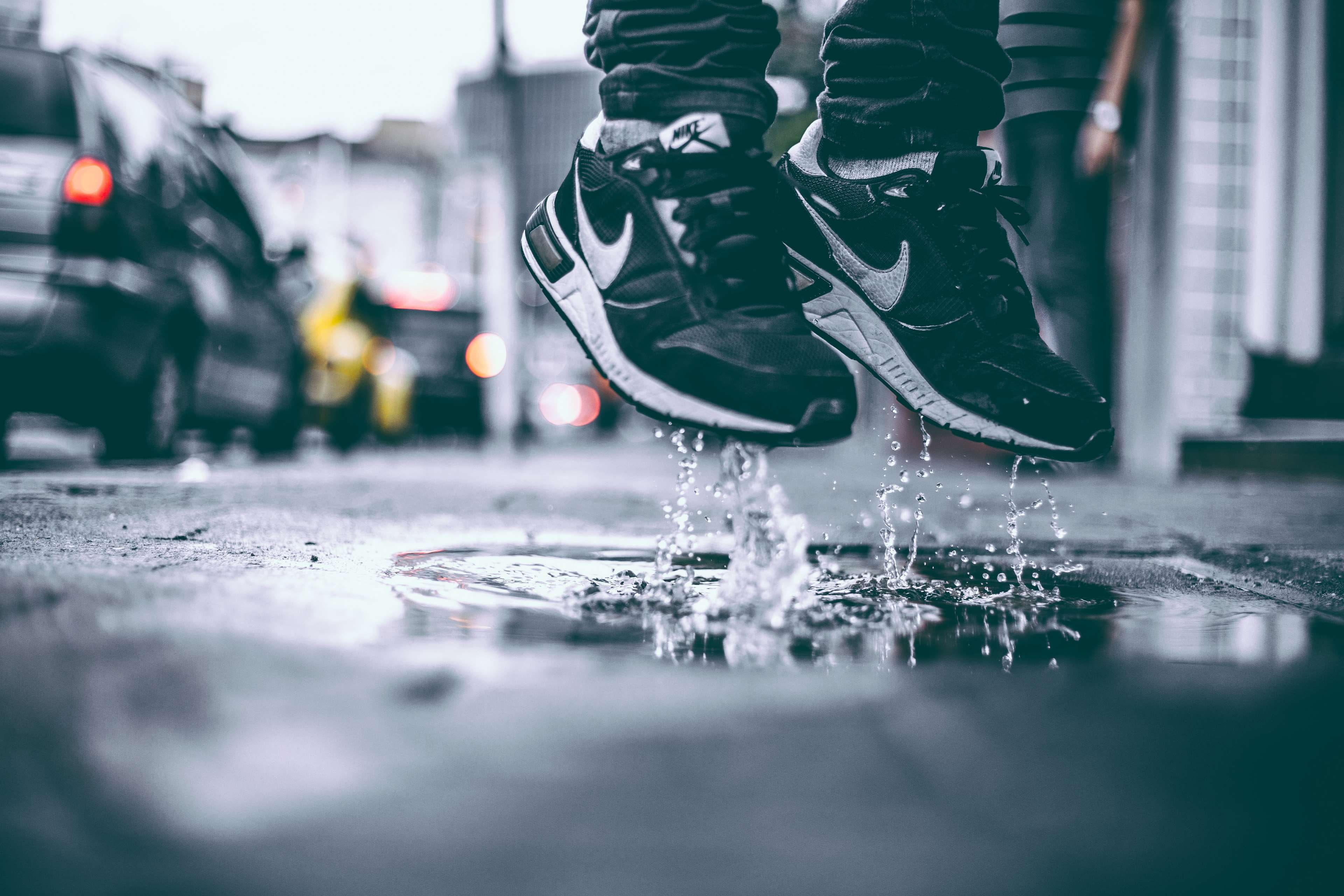 city, motion, jump, winter, nature, day, selective focus, outdoors, lifestyles, jumping, shoes, human body part, shoe, human foot, 4K, splash, one person, HD Wallpaper