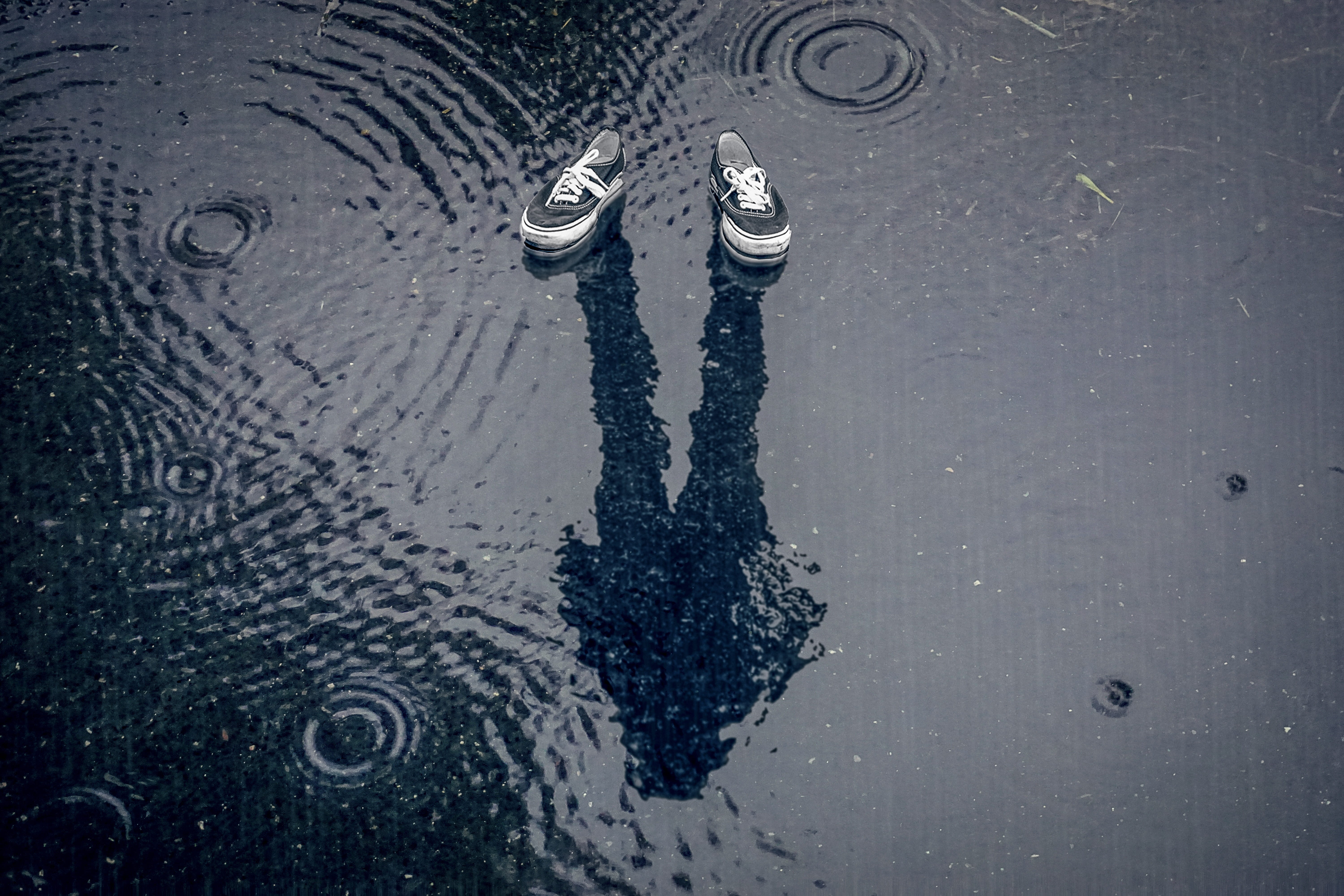 rainy season, reflection, day, wet, body part, raindrops, shadow, standing, waves, manipulation, rippled, lifestyles, low section, high angle view, human limb, HD Wallpaper