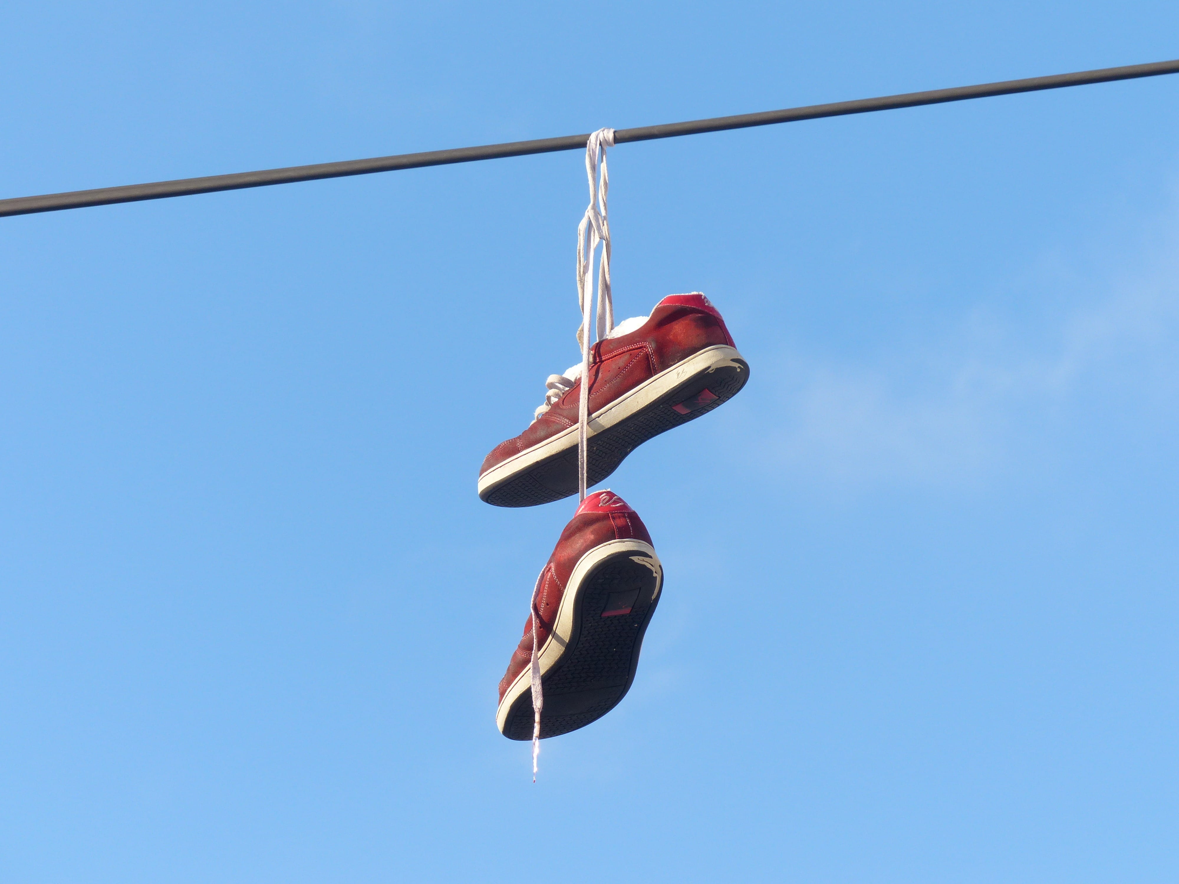 red, black, low angle view, nature, sports shoes, sneakers, metal, cable, shoelaces, hang, hanging, day, shoe, copy space, sign, Leash, rope, sky, blue, HD Wallpaper