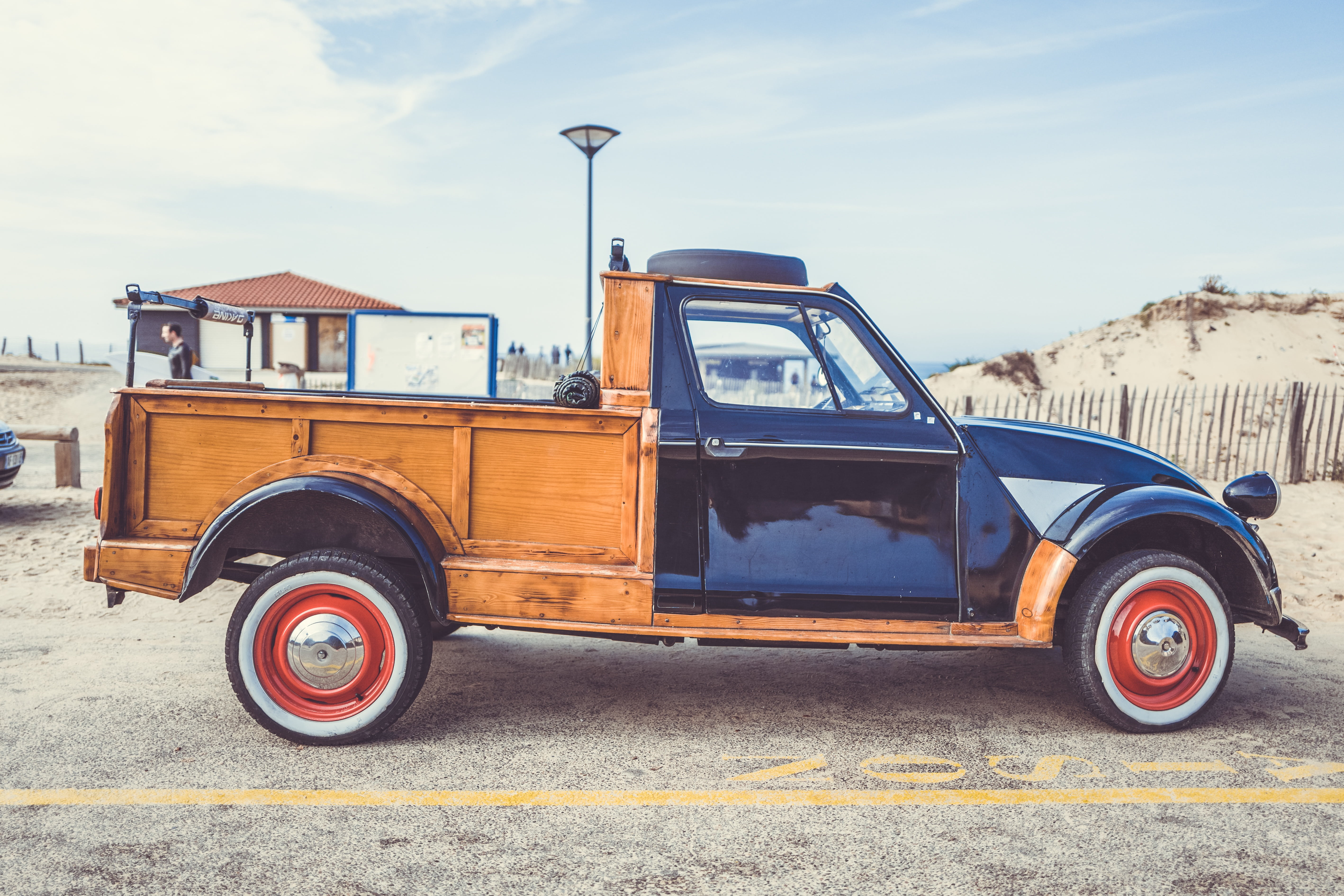 pick-up truck, car, brown, architecture, pickup, no people, parking, nature, outdoor, ruck, sky, mode of transportation, side view, 5K, cloud, transportation, HD Wallpaper