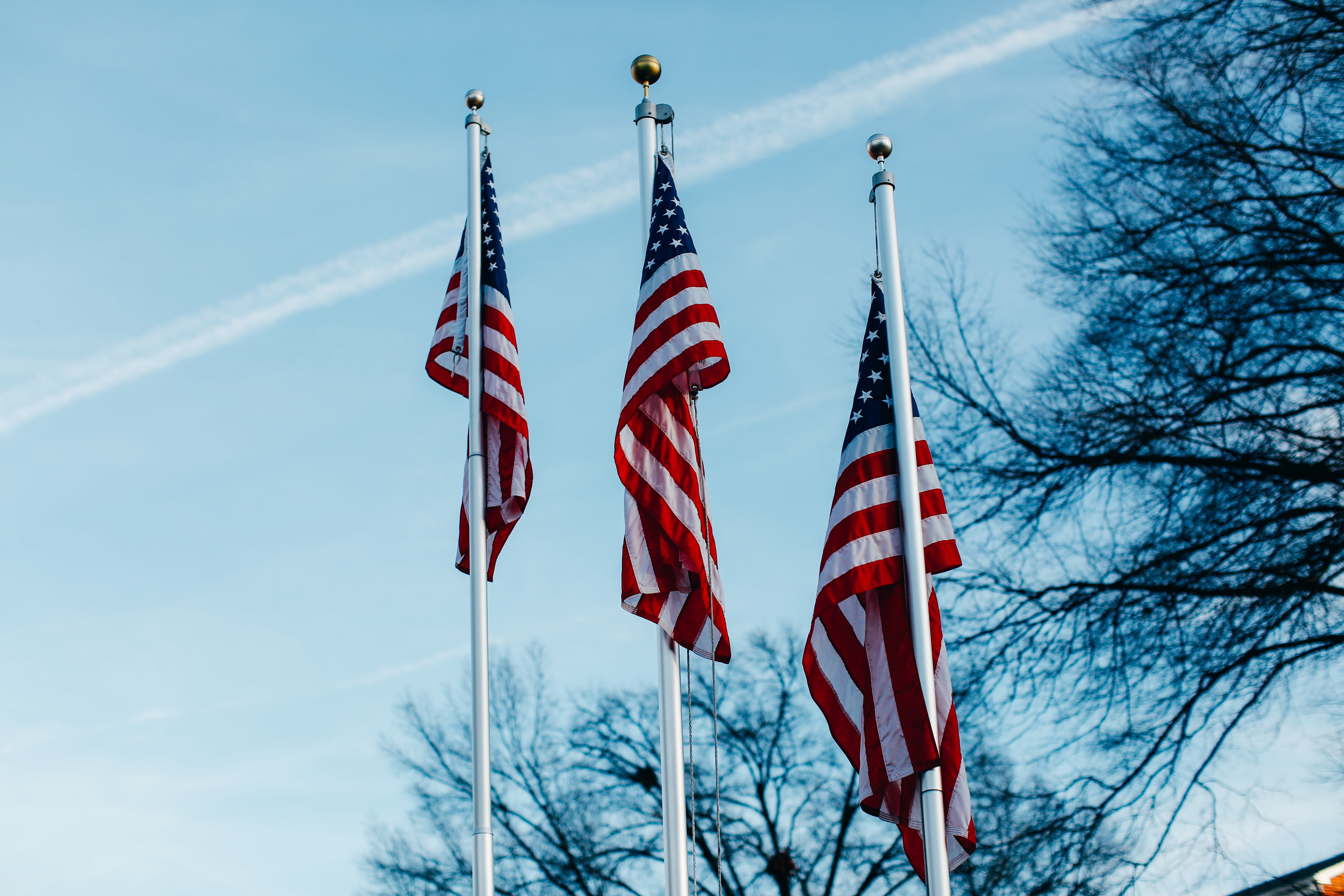 cold temperature, no people, america, USA, cloud - sky, red, nature, winter, outdoors, near, flag, flags, american, patriotism, states, sky, three, poles, HD Wallpaper
