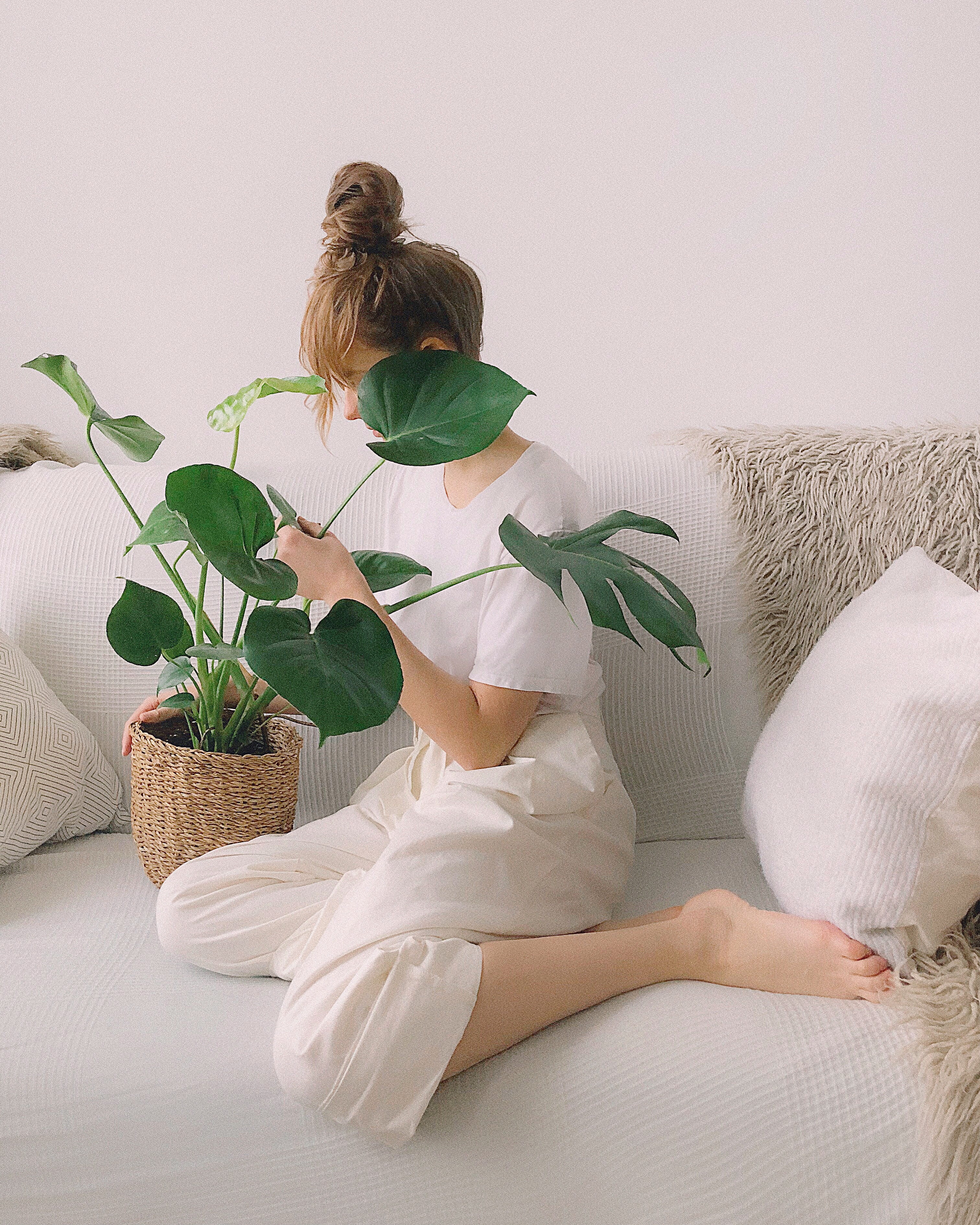 plant, person, clothing, sofa, mobilechallenge, 2K, white, neck, one person, shirt, throw pillow, rear view, crew, furniture, blond hair, wear, women, Phone HD Wallpaper