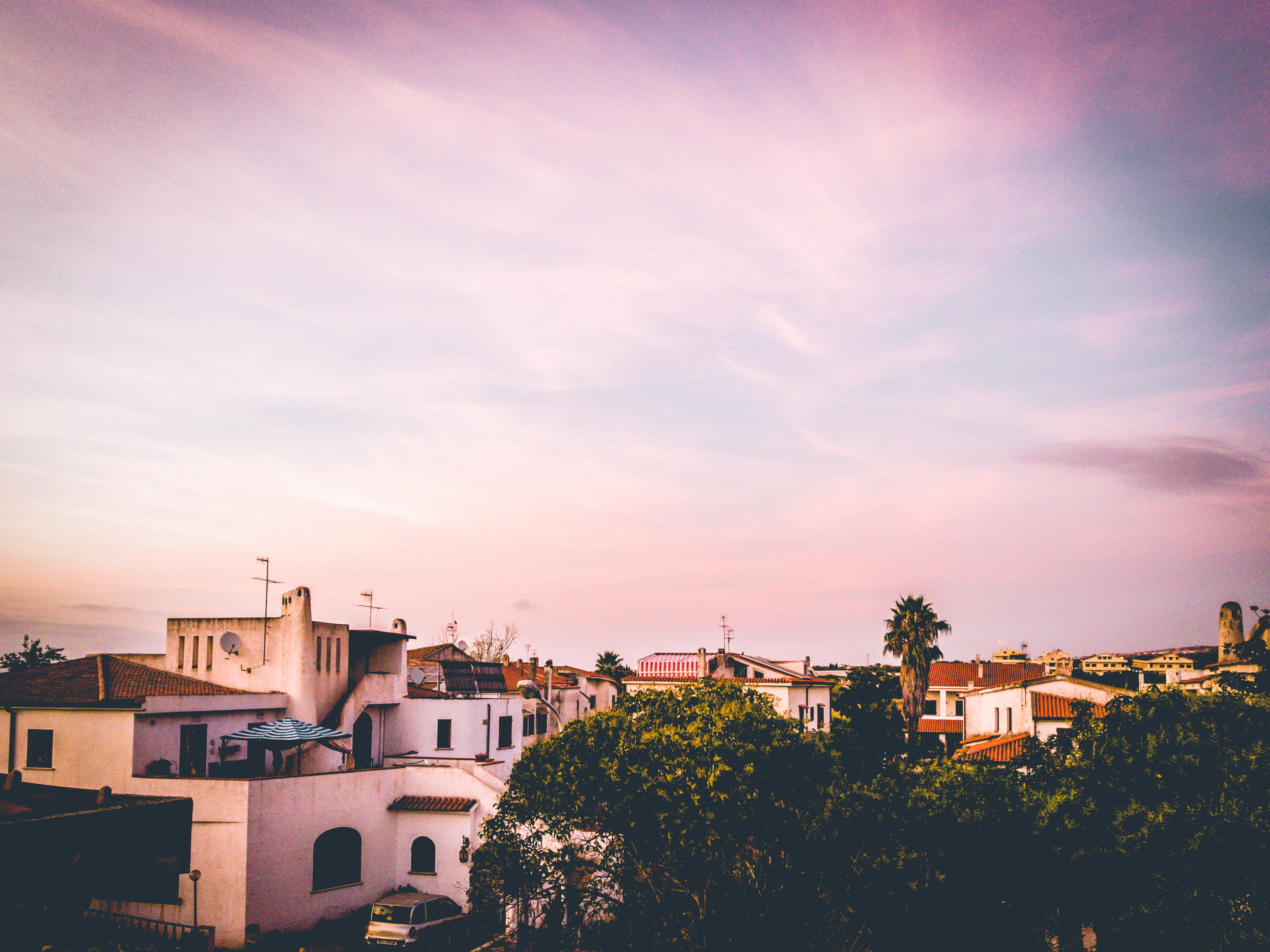 town, built structure, trees, sunset, house, architecture, growth, urban, sky, clouds, cloud - sky, no people, building exterior, white, black, mobilechallenge, HD Wallpaper