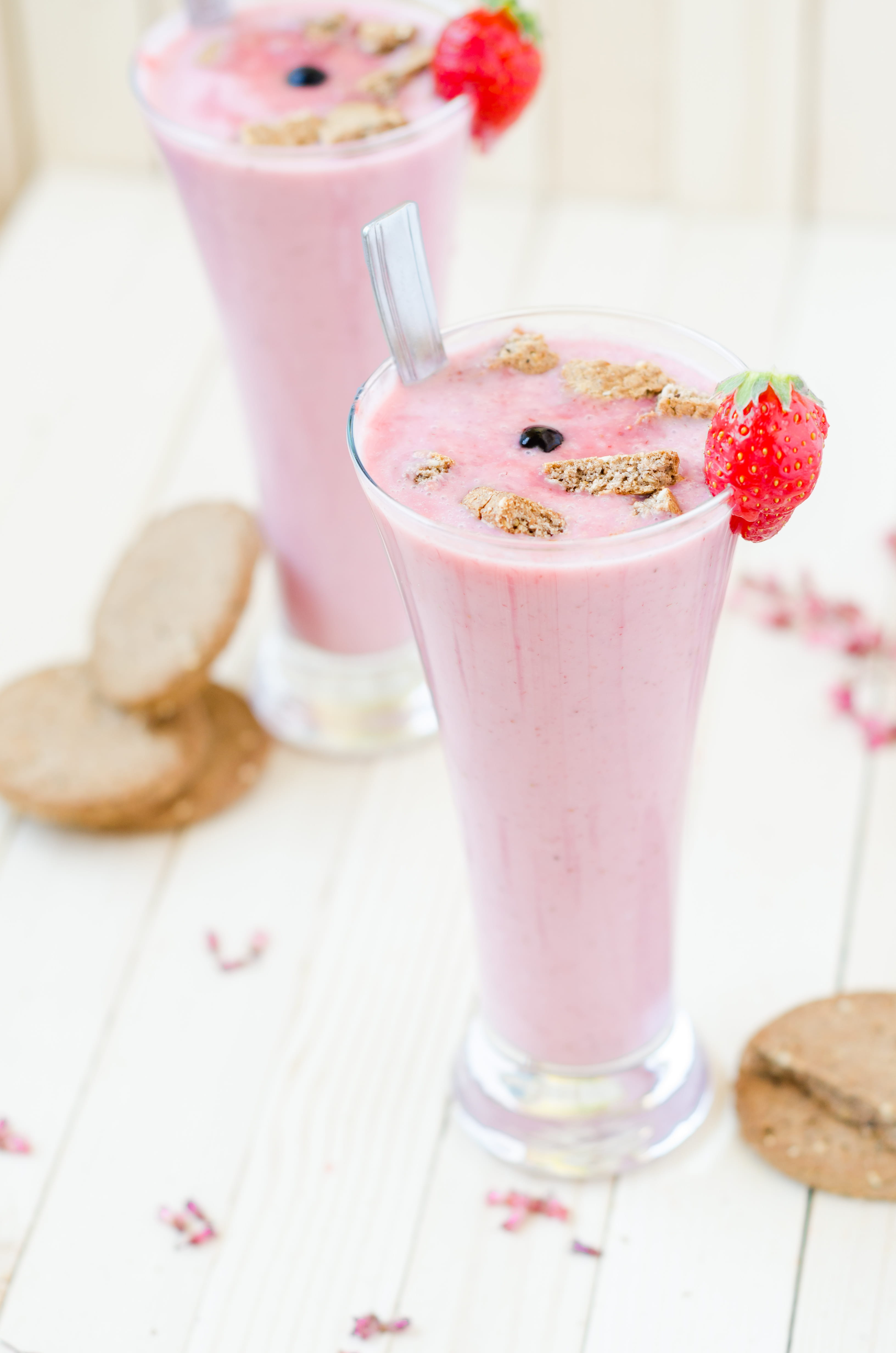 pink color, strawberries, glass, fruits, food and drink, 4K, colors, food, liquid, household equipment, shake, berries, red, fresh fruit, focus on foreground, Phone HD Wallpaper
