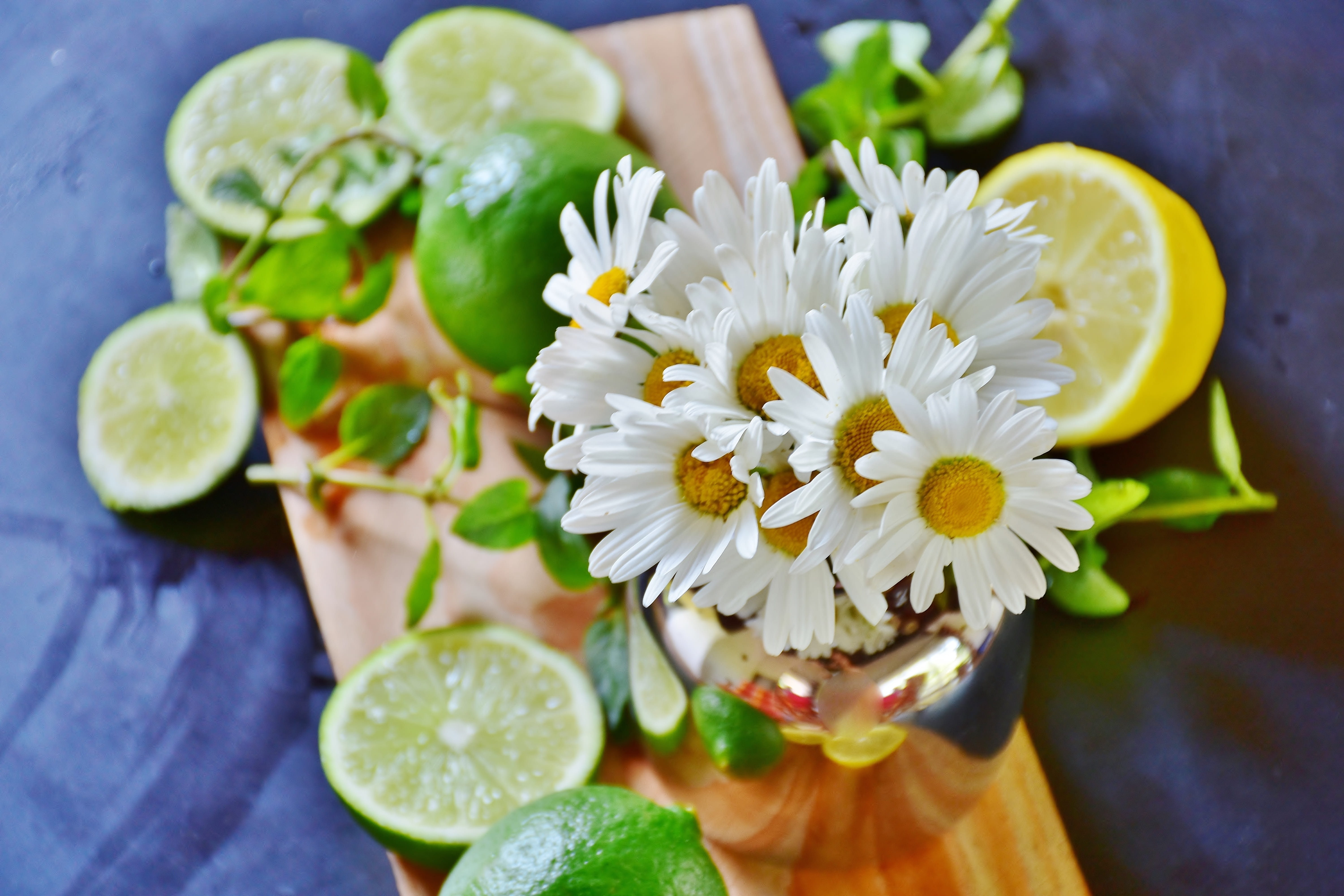 vitamins, still life, plant, vase, vulnerability, food and drink, lime, freshness, plant part, slice, table, white, flower head, fruit, white daisy, photography, HD Wallpaper