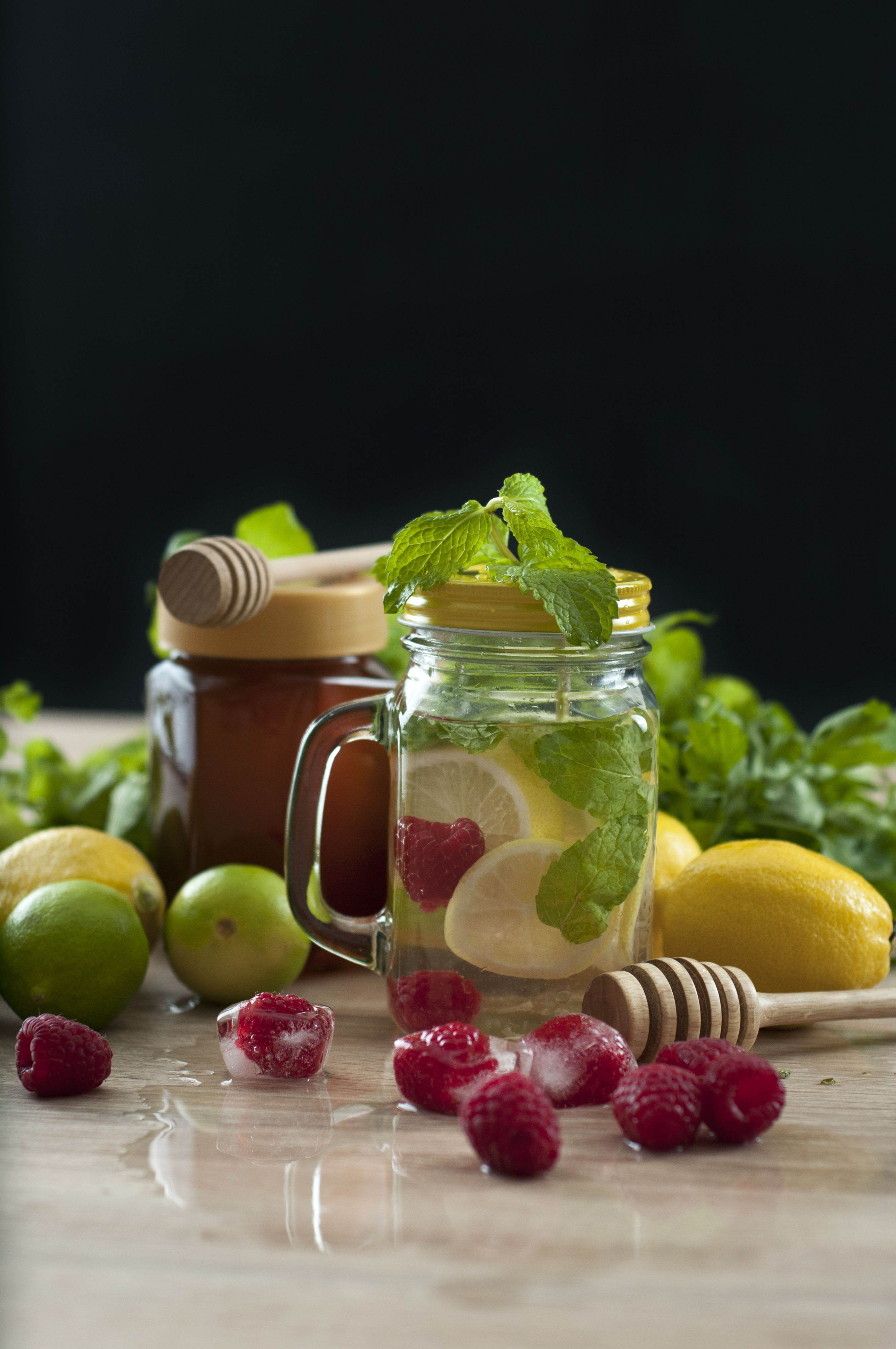 leaf, wood - material, lemonade, glass, herb, black background, vegetable, clear, vitamin, organic, healthy eating, diet, mint, mint leaf - culinary, Pomegranate, Phone HD Wallpaper