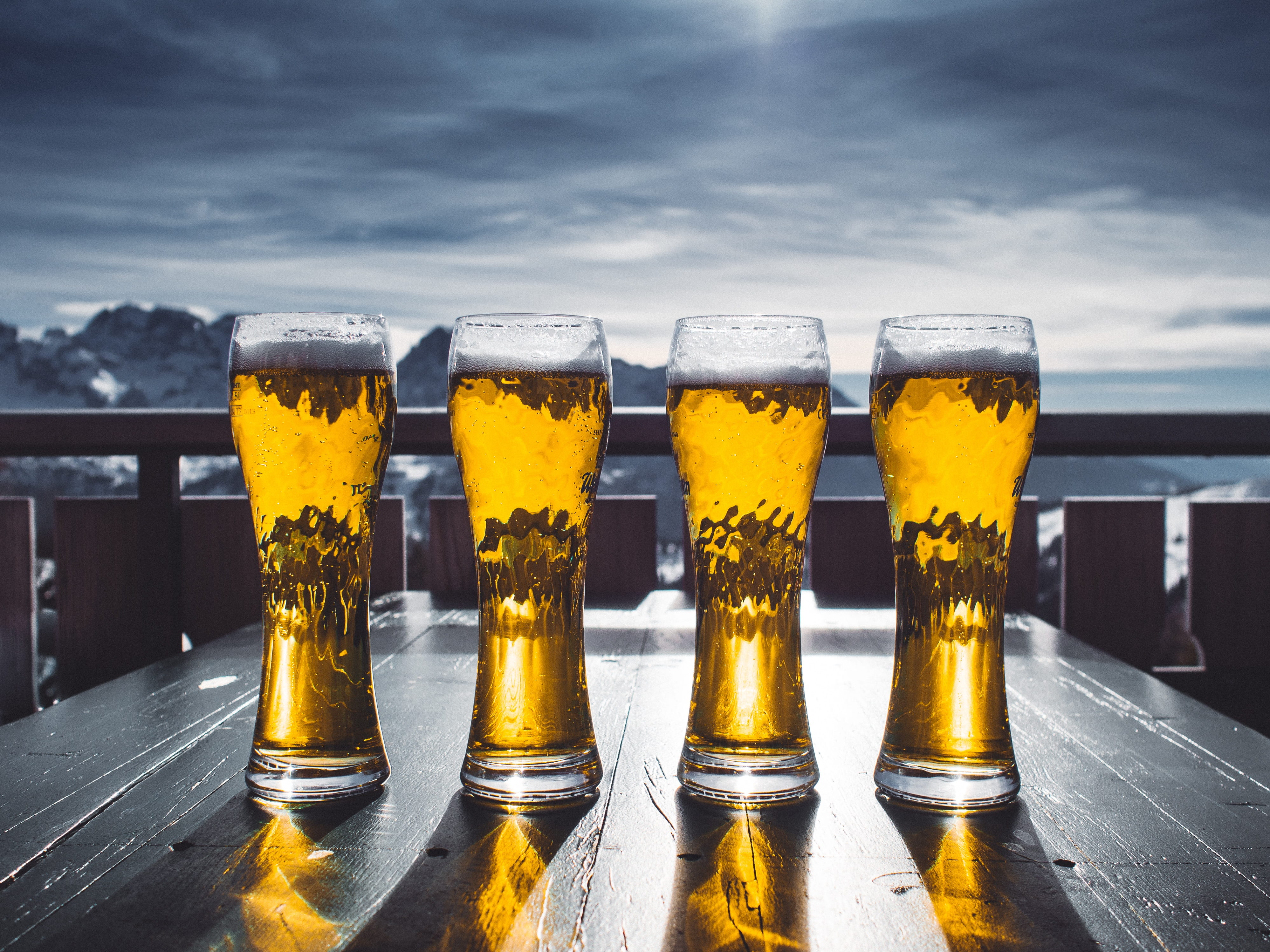 lager, ski, refreshment, household equipment, 4K, celebration, beverage, food and drink, freshness, table, beer, ale, pub, four, side by side, holidays, HD Wallpaper