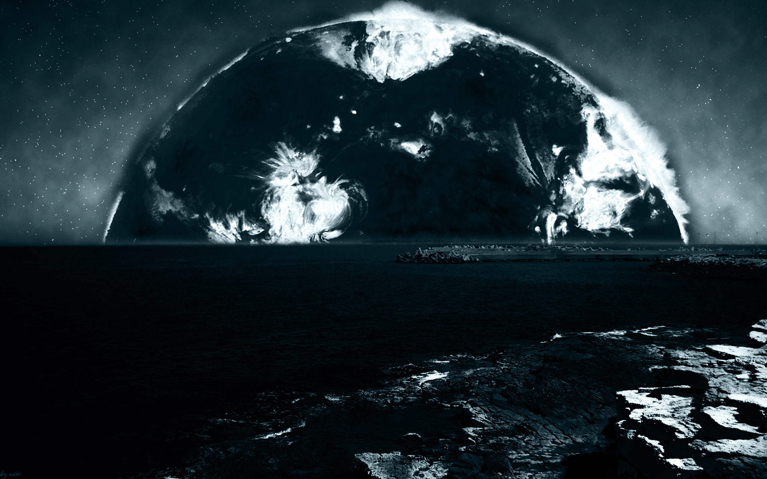 thesun, scenics - nature, sea, rock, coast, water, 2K, dark, horizon over water, burning, digitalcomposition, tranquility, blackandwhite, light, no people, HD Wallpaper