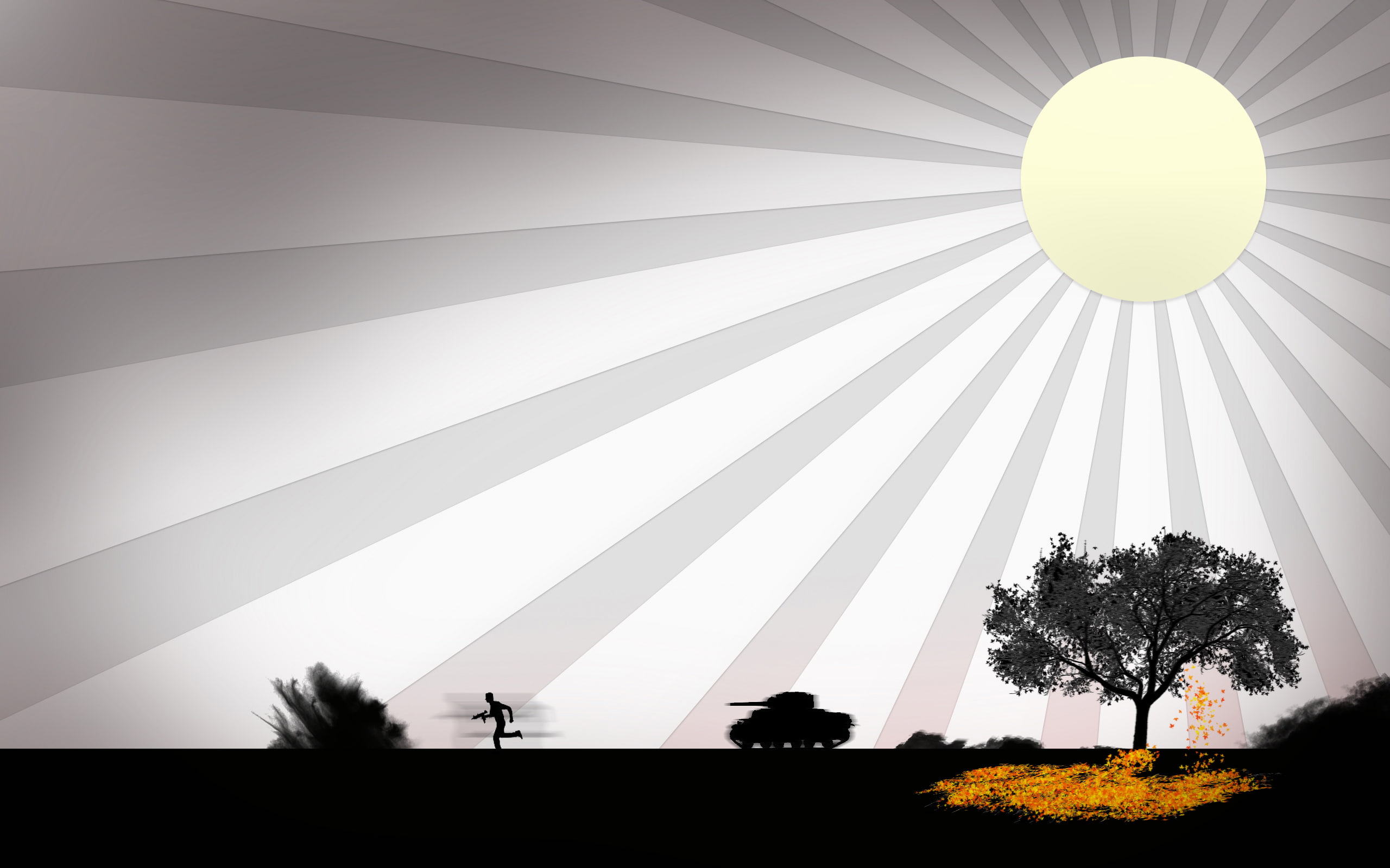 2K, war, tanks, sun, trees, digitalcomposition, illustration, silhouette, blackandwhite, sunset, sky, grey, landscape, HD Wallpaper