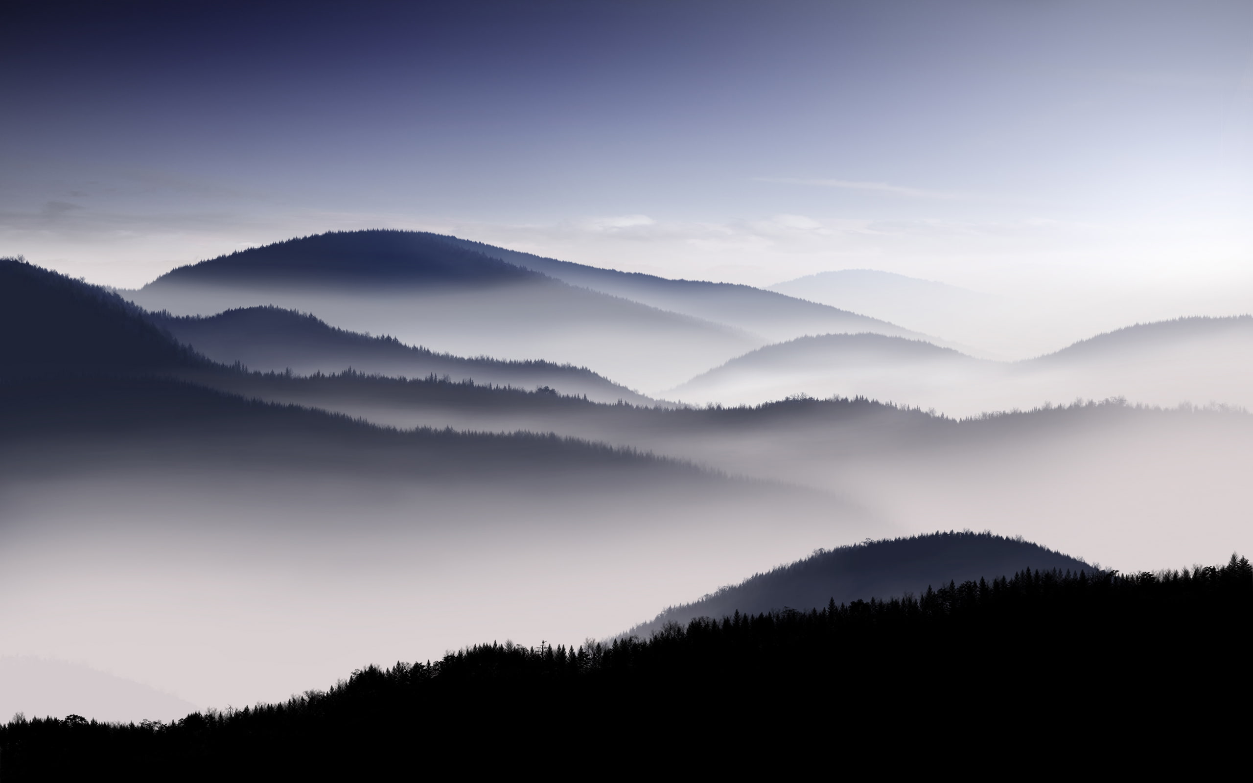 nature, landscape, fog, sky, break, digitalcomposition, 2K, mountains, purple, dawn, sunrise, black, HD Wallpaper