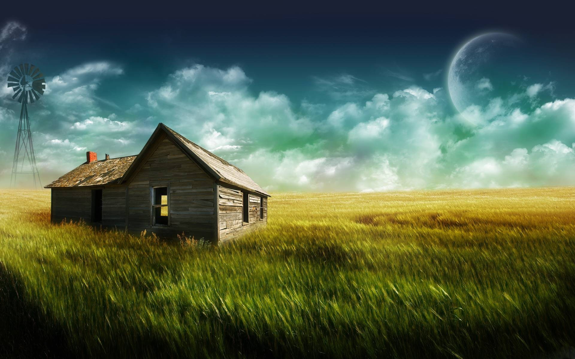 architecture, farmhouse, digitalcomposition, landscape, green, sky, moon, 1080P, blue, HD Wallpaper